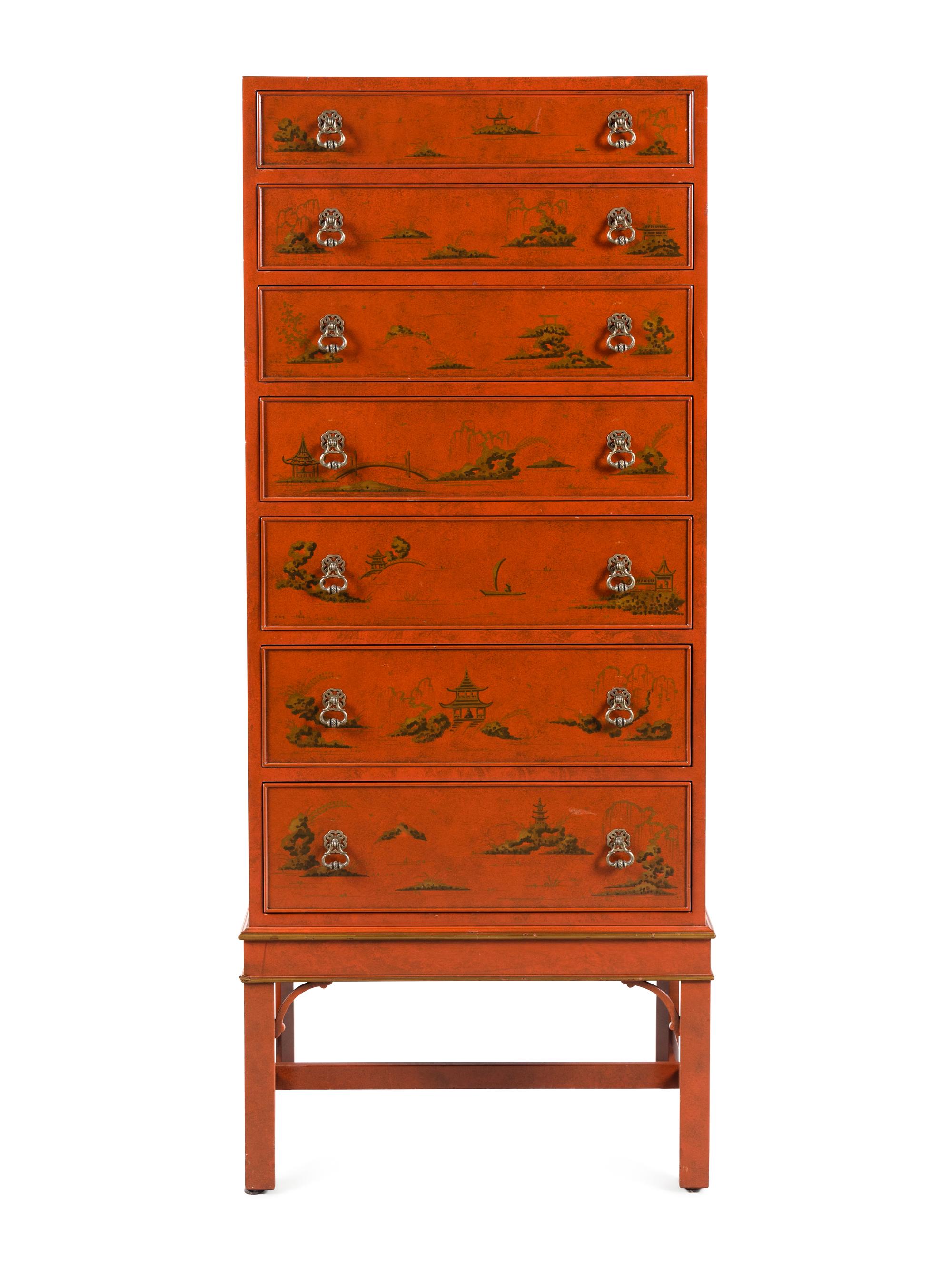 A Beacon Hill Old Colony Red-Japanned Tall Chest of Drawers