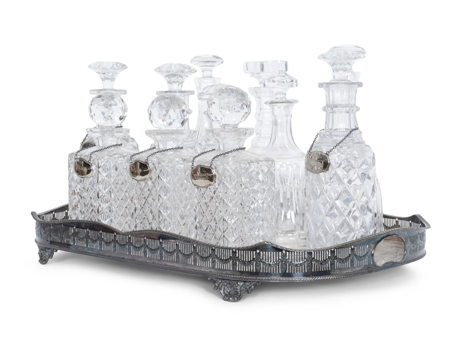 A Large Sheffield Silver-Plate Galleried Tray and Eleven Cut Glass Decanters