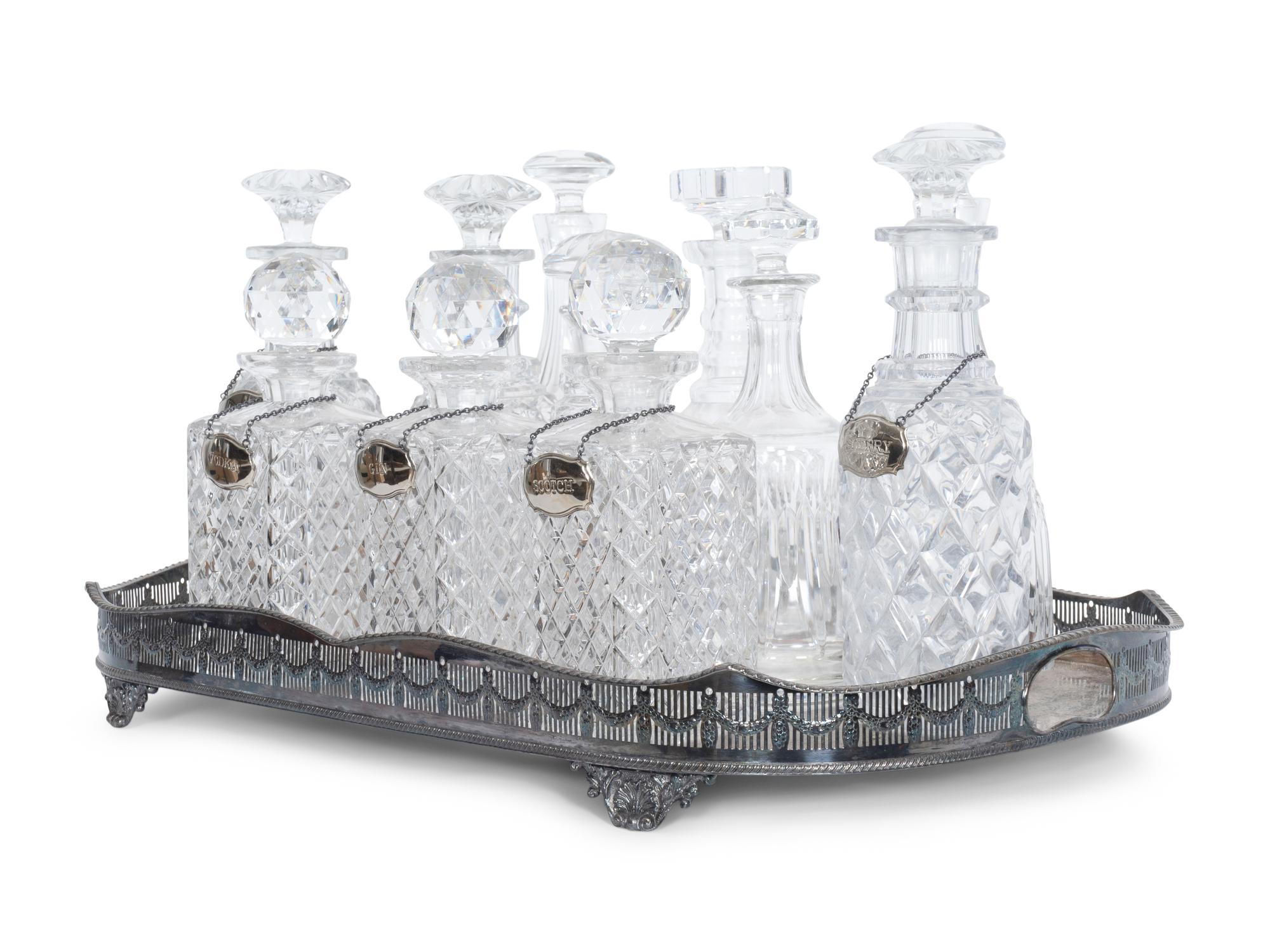 A Large Sheffield Silver-Plate Galleried Tray and Eleven Cut Glass Decanters