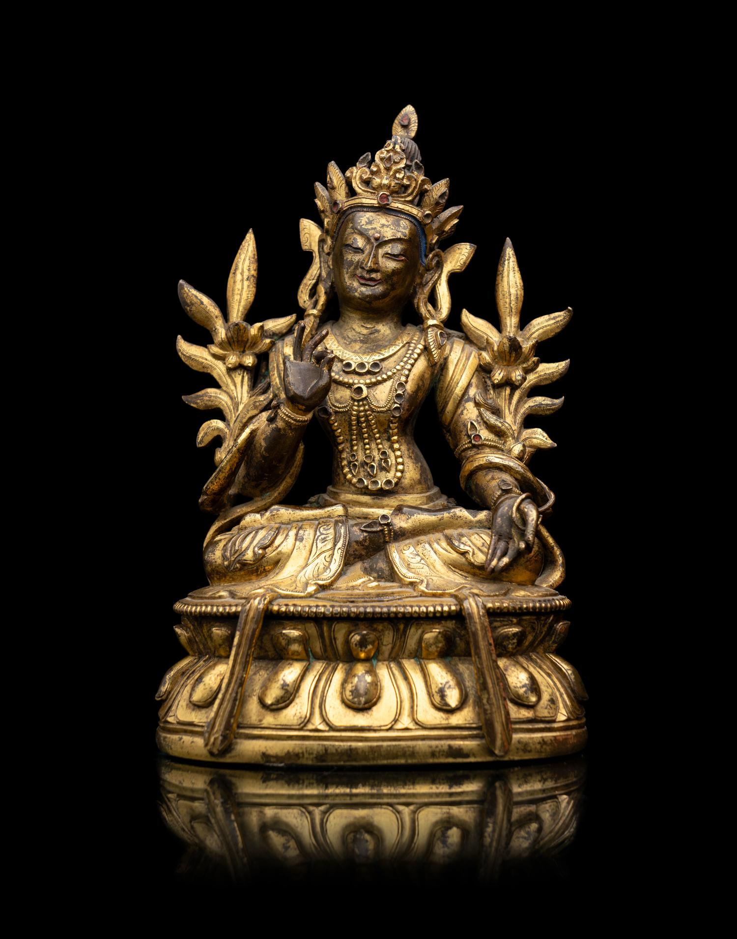 A Sino-Tibetan Gilt Bronze Figure of Green Tara