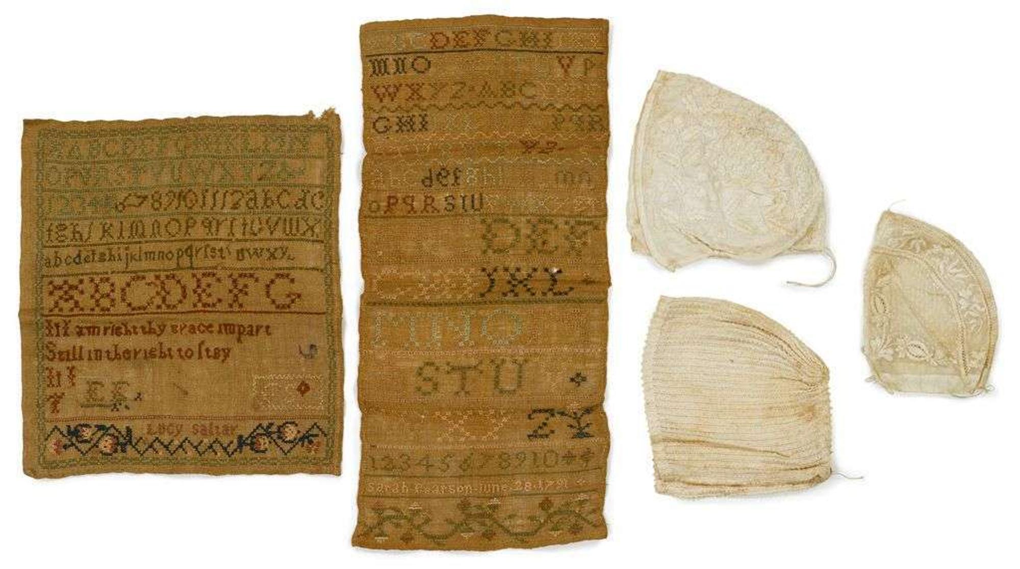Two needlework samplers and three white work caps late 18th/early 19th century