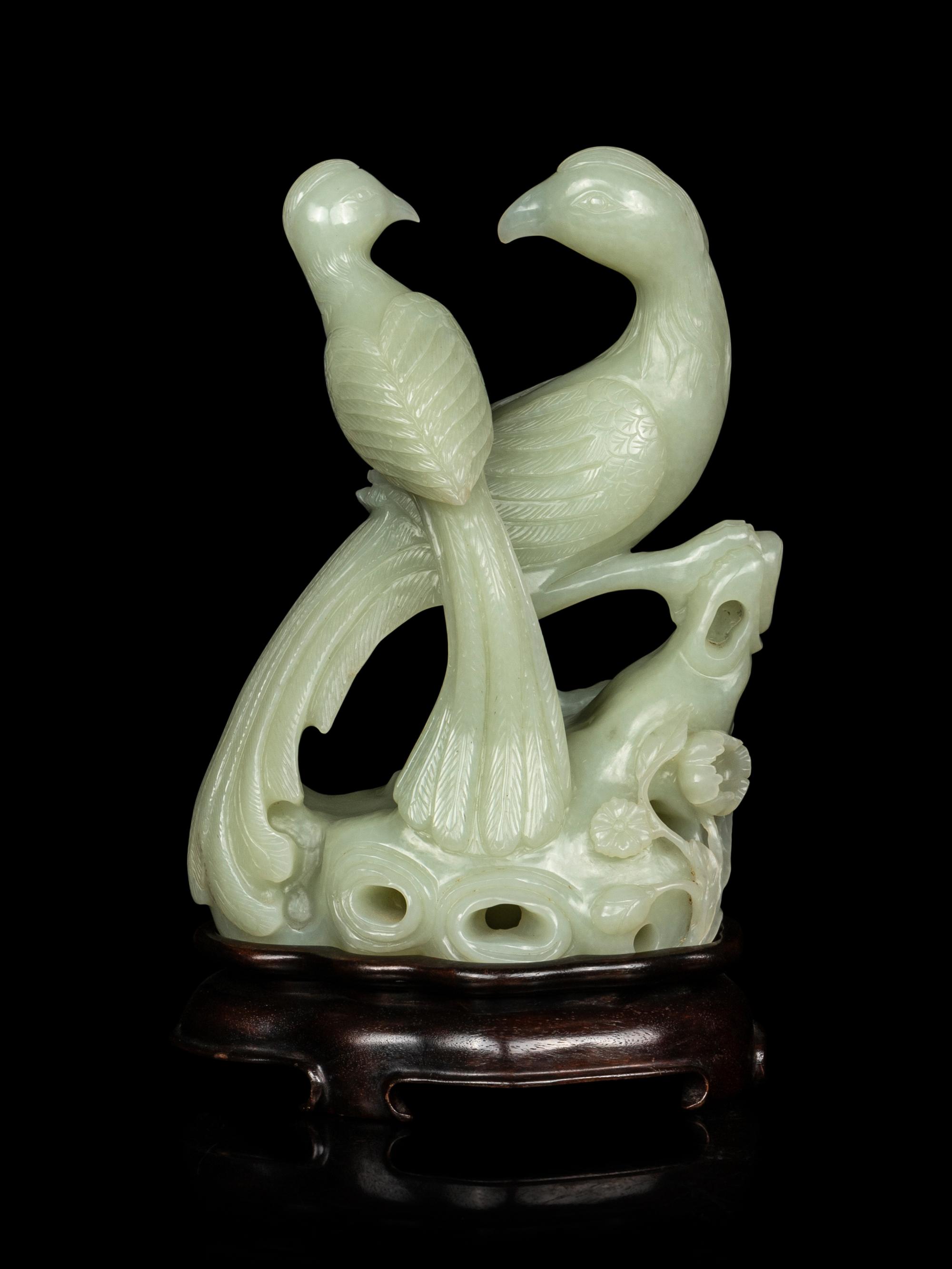 A Chinese Pale Celadon Jade Carving of Birds