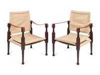 A Pair of British Colonial Style Mahogany, Canvas and Leather Strap Campaign Chairs — 20TH CENTURY