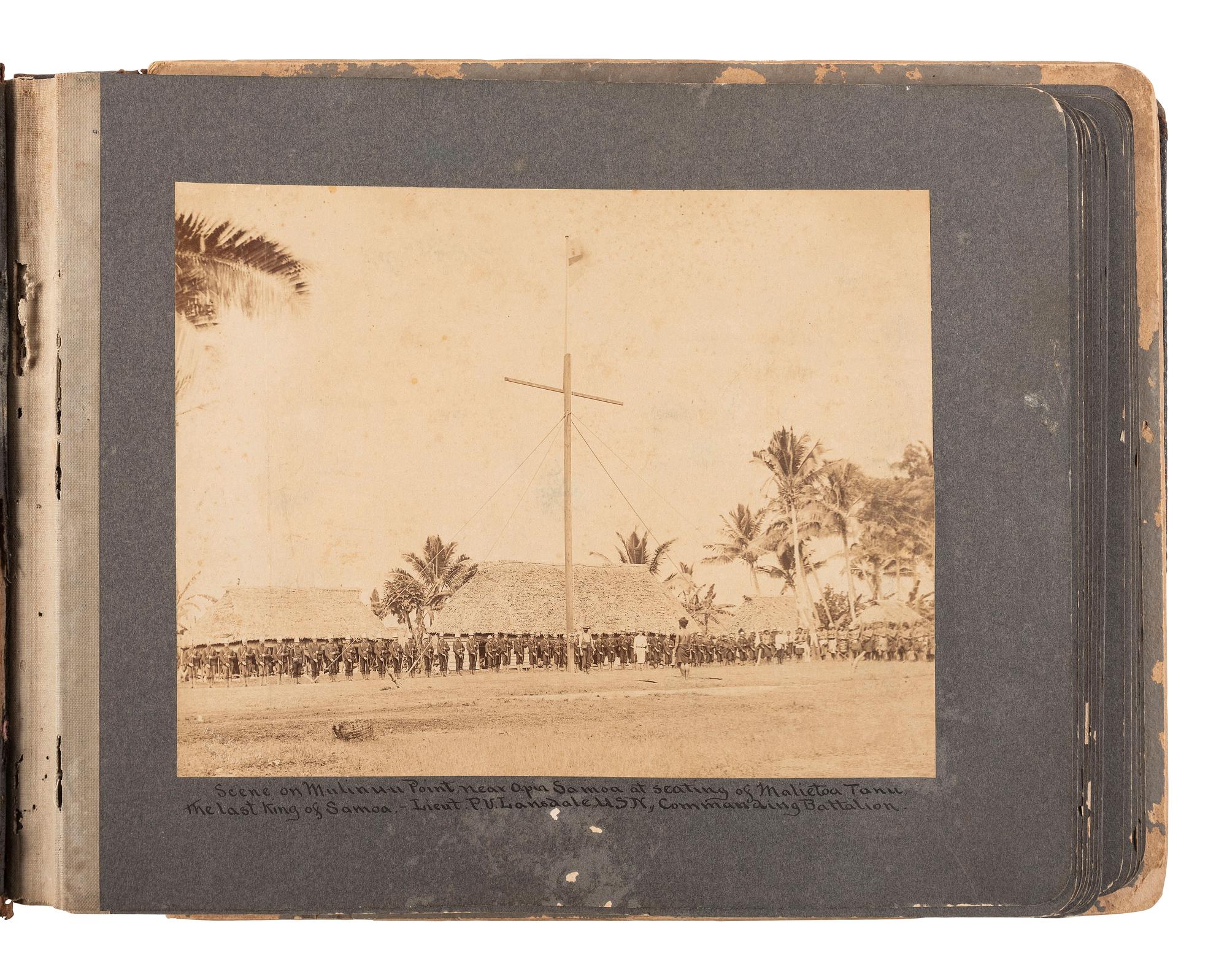 [SPANISH AMERICAN WAR]. Photograph album featuring images mostly related to the USS Philadelphia and operations in Samoa ca 1899.