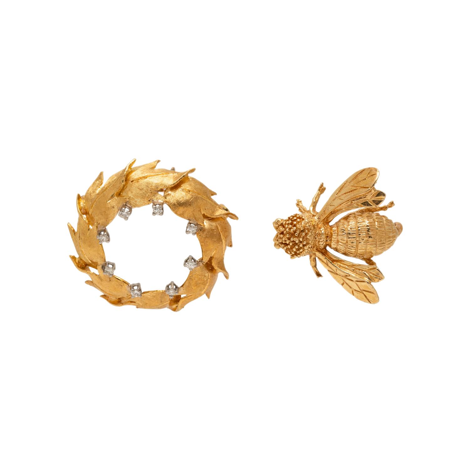 TWO YELLOW GOLD BROOCHES