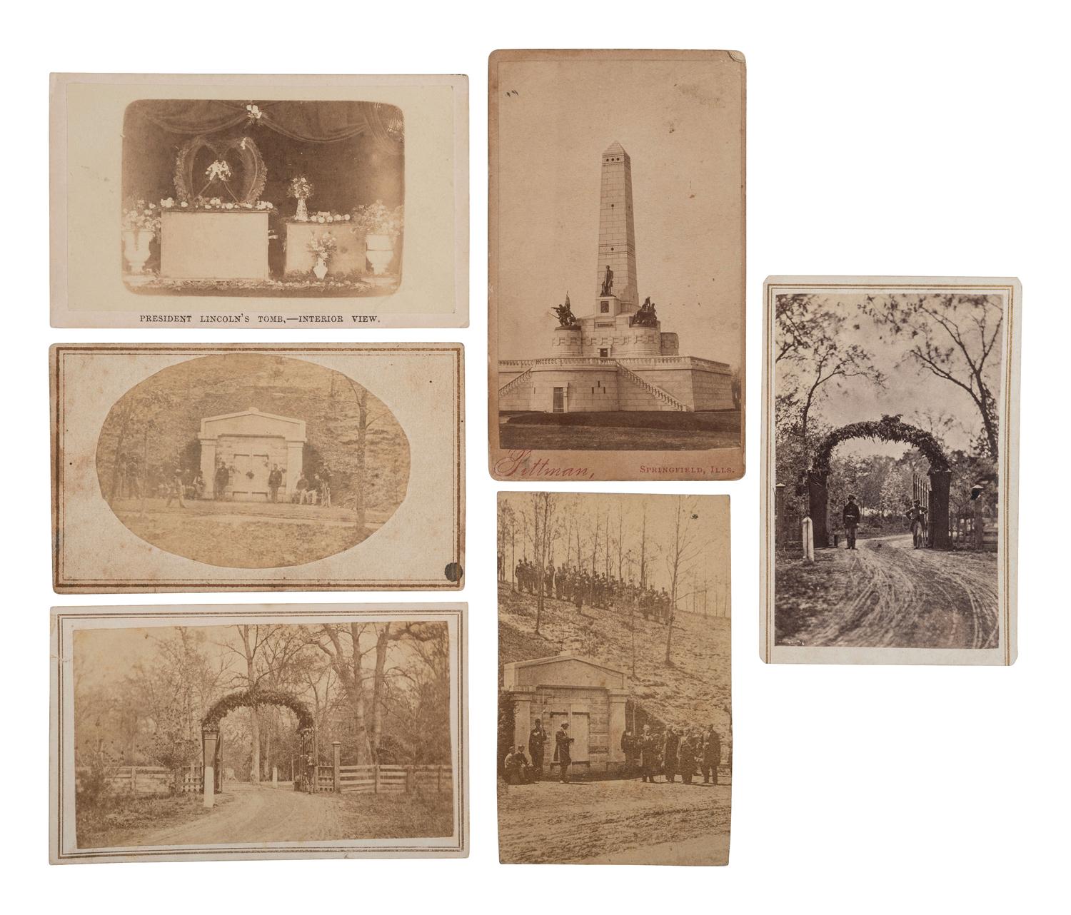 [LINCOLN, Abraham (1809-1865)]. A group of 6 CDVs of Lincoln's tomb and Oak Ridge Cemetery in Springfield, IL.