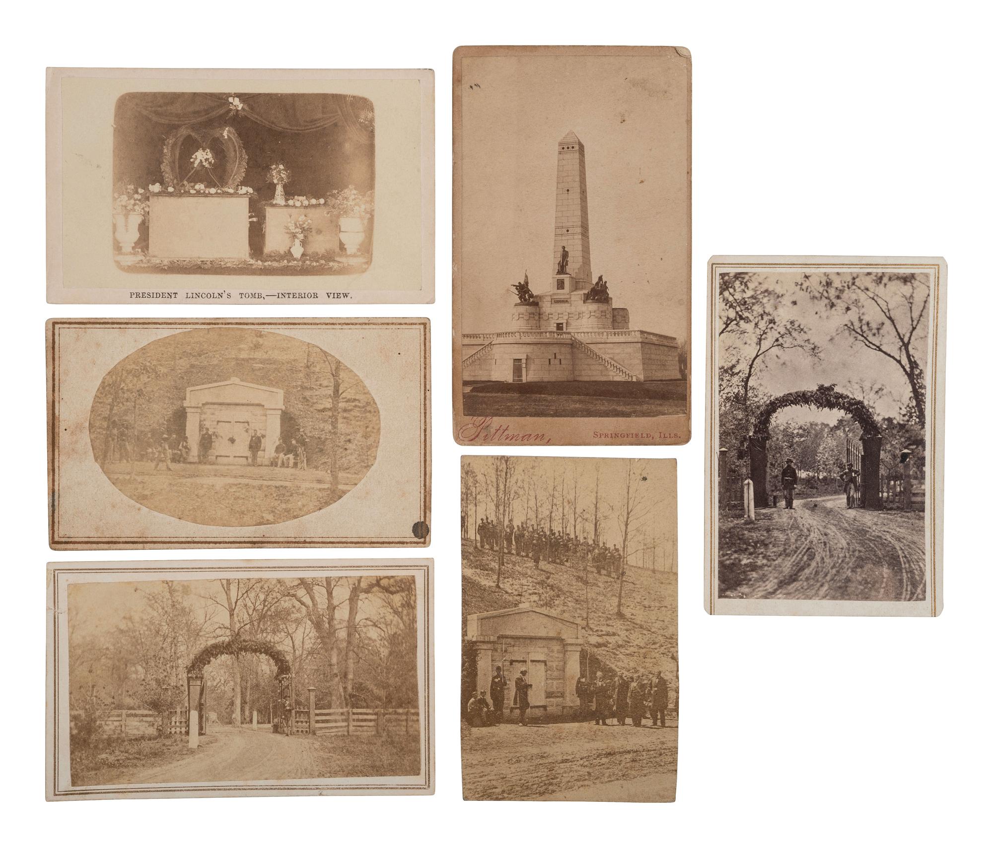 [LINCOLN, Abraham (1809-1865)]. A group of 6 CDVs of Lincoln's tomb and Oak Ridge Cemetery in Springfield, IL.