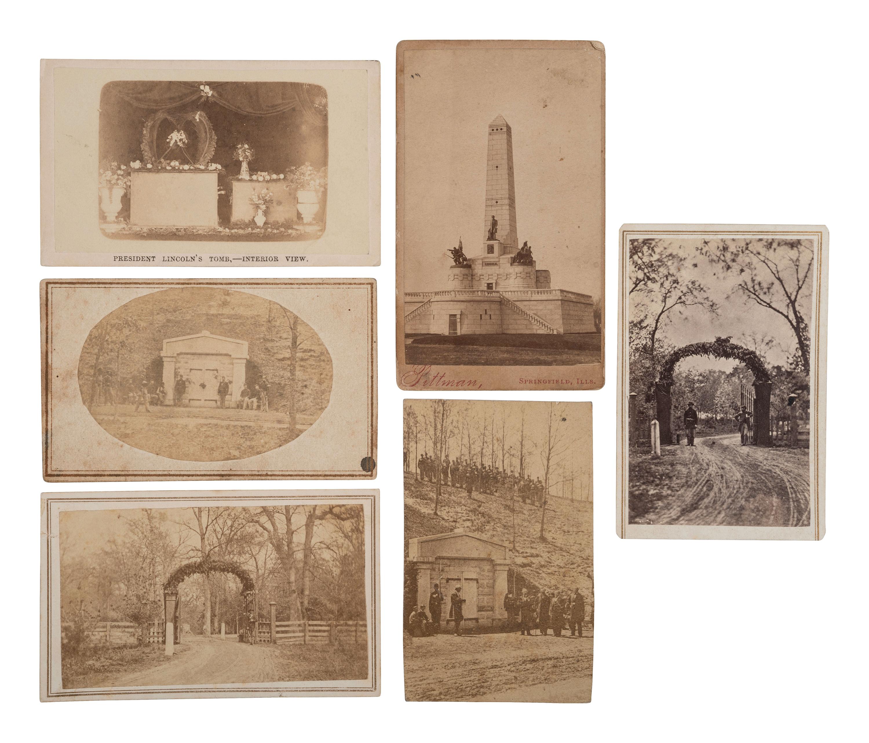 [LINCOLN, Abraham (1809-1865)]. A group of 6 CDVs of Lincoln's tomb and Oak Ridge Cemetery in Springfield, IL.