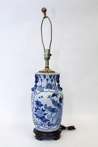 A Blue and White Porcelain Lamp. Height overall 31 1/2 inches.