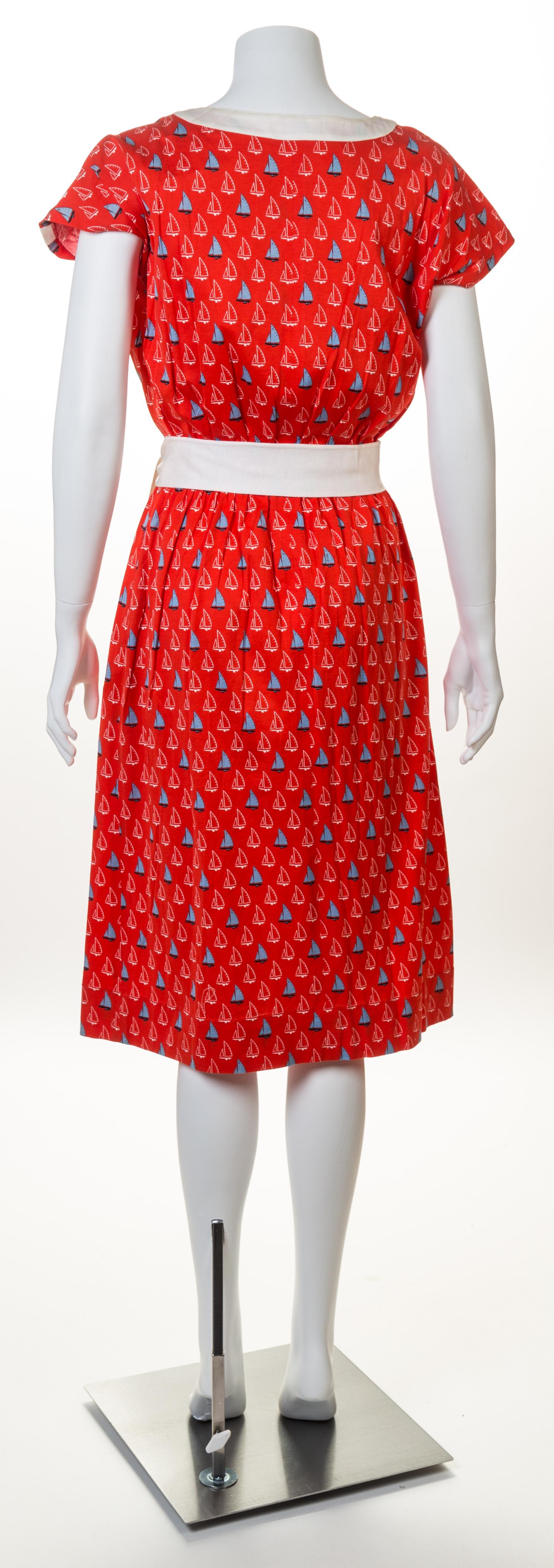 A Celine Red Cotton Sailboat Dress, Size 40; Self tie: 74" x 2.25".