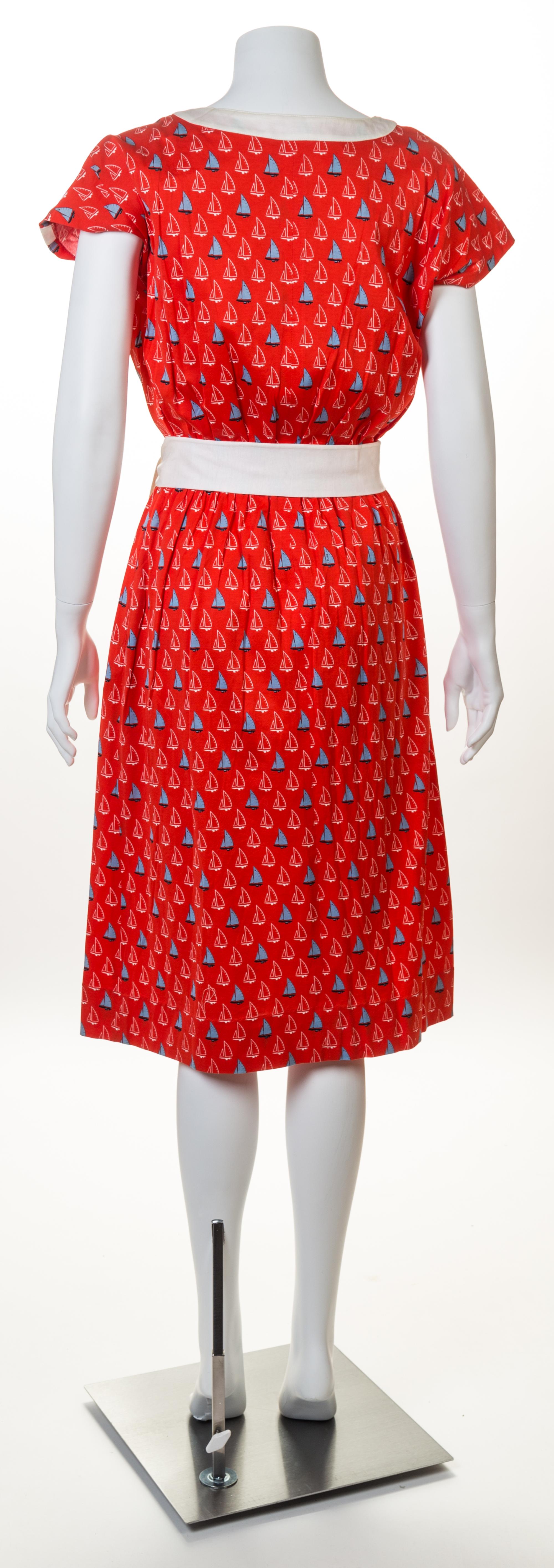 A Celine Red Cotton Sailboat Dress, Size 40; Self tie: 74" x 2.25".