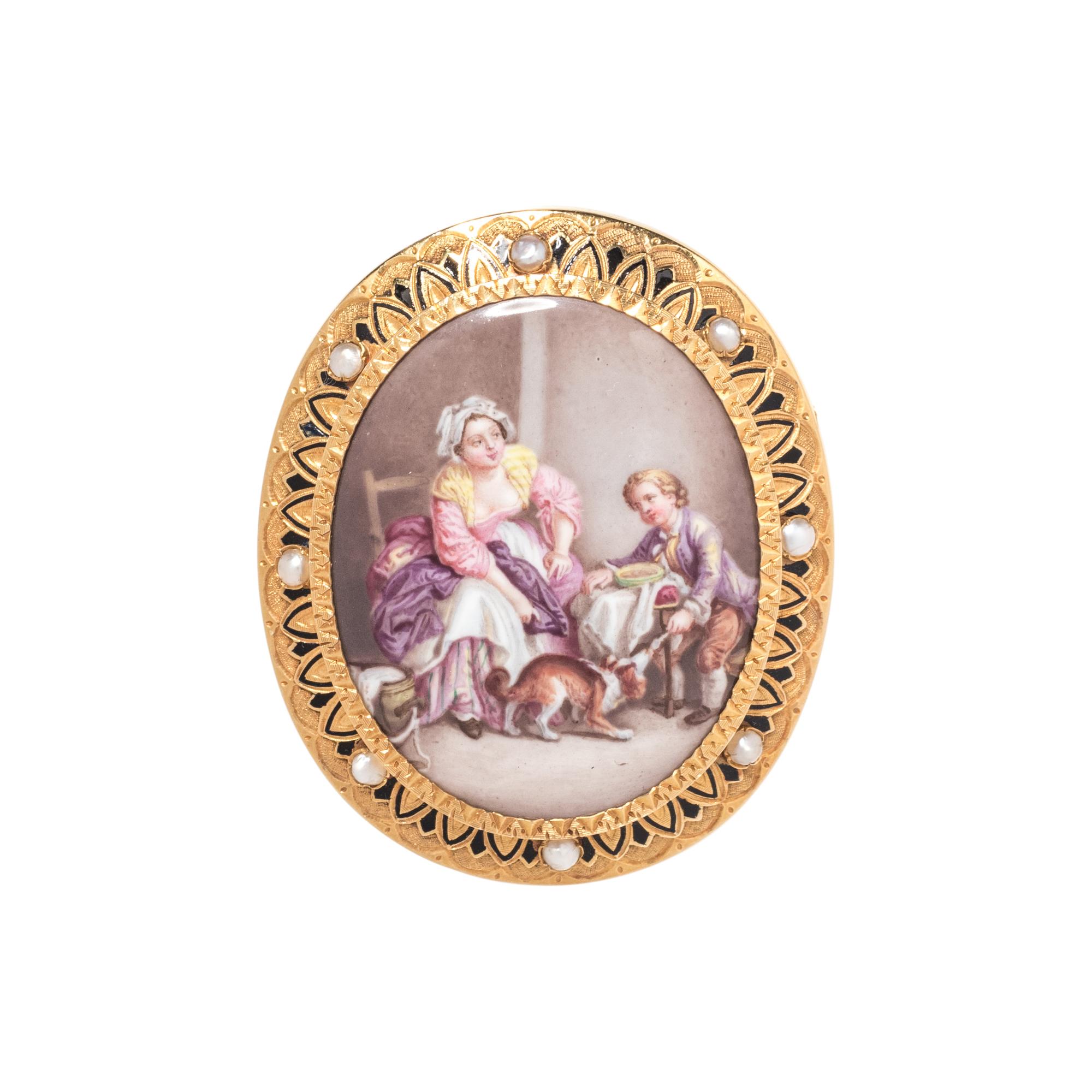 FRENCH, YELLOW GOLD AND SEED PEARL PORTRAIT BROOCH