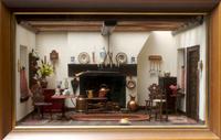 A Narcissa Thorne Shadow Box Diorama of a Rustic Kitchen, Height 12 1/4 x width 19 x depth 13 7/8 inches.