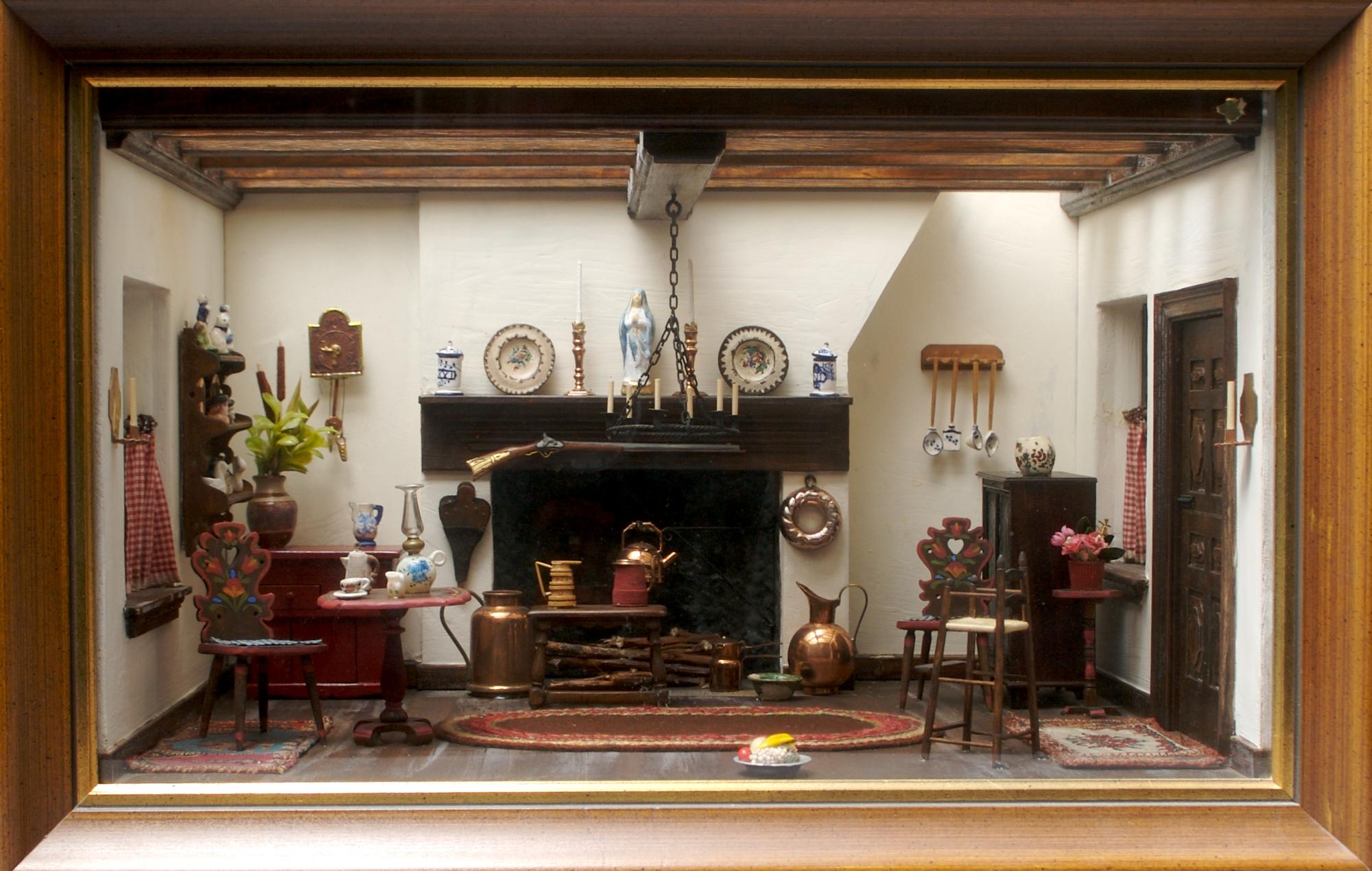 A Narcissa Thorne Shadow Box Diorama of a Rustic Kitchen, Height 12 1/4 x width 19 x depth 13 7/8 inches.