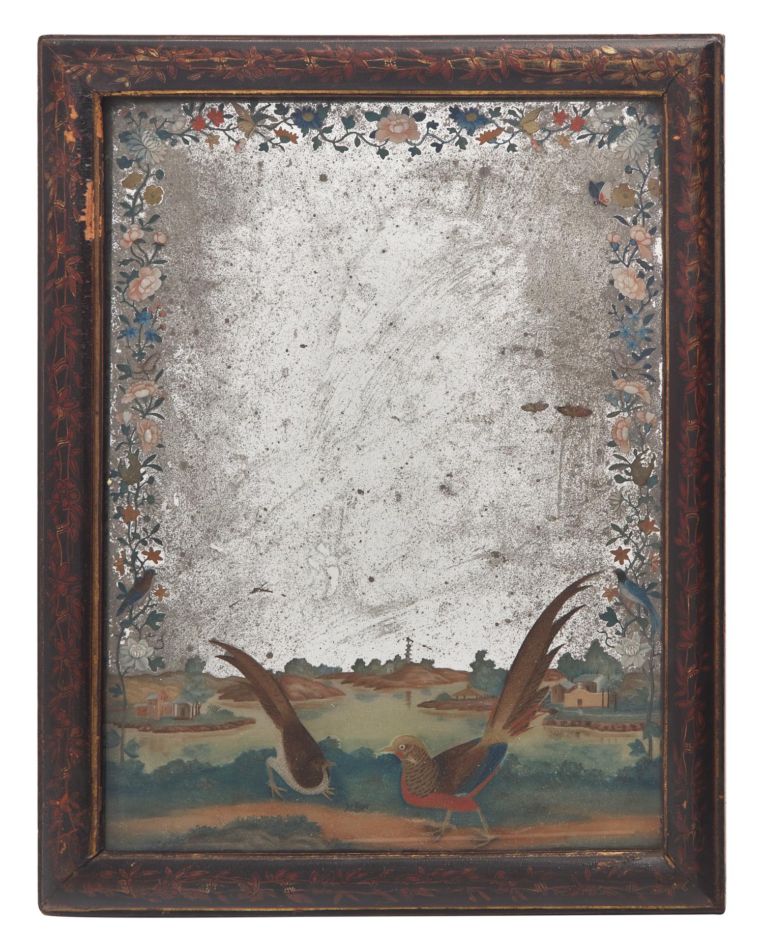 A Chinese Export Reverse Glass-Painted Mirror with Pheasant Decoration