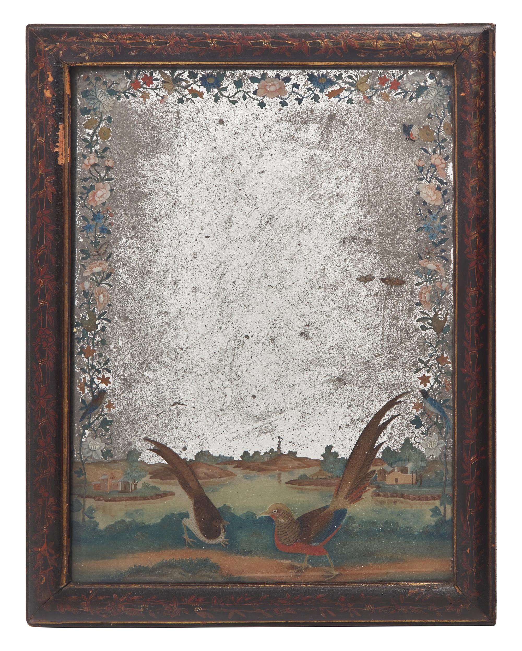 A Chinese Export Reverse Glass-Painted Mirror with Pheasant Decoration
