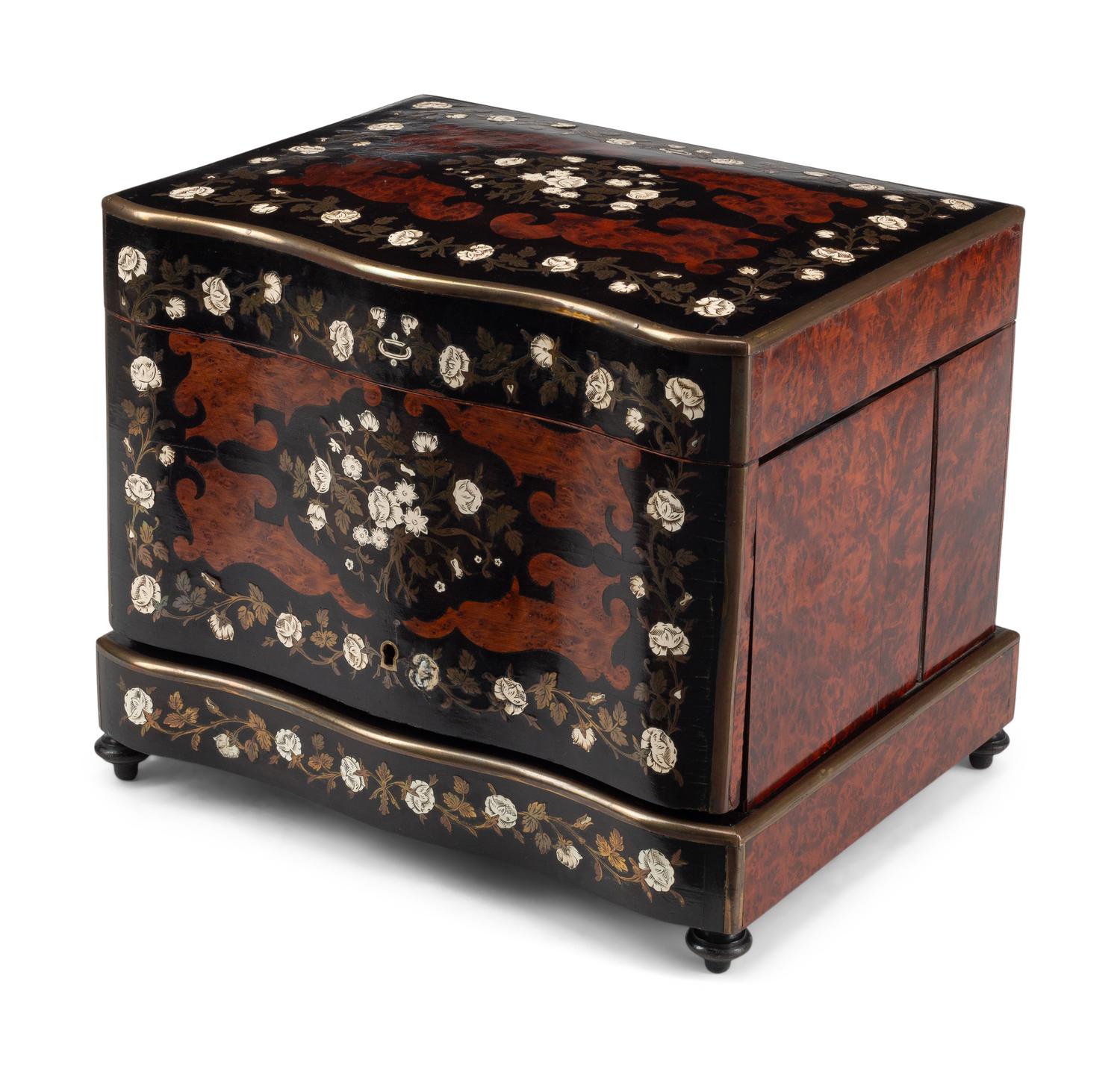 A French Burl Amboyna and Brass-Inlaid Cave à Liqueur