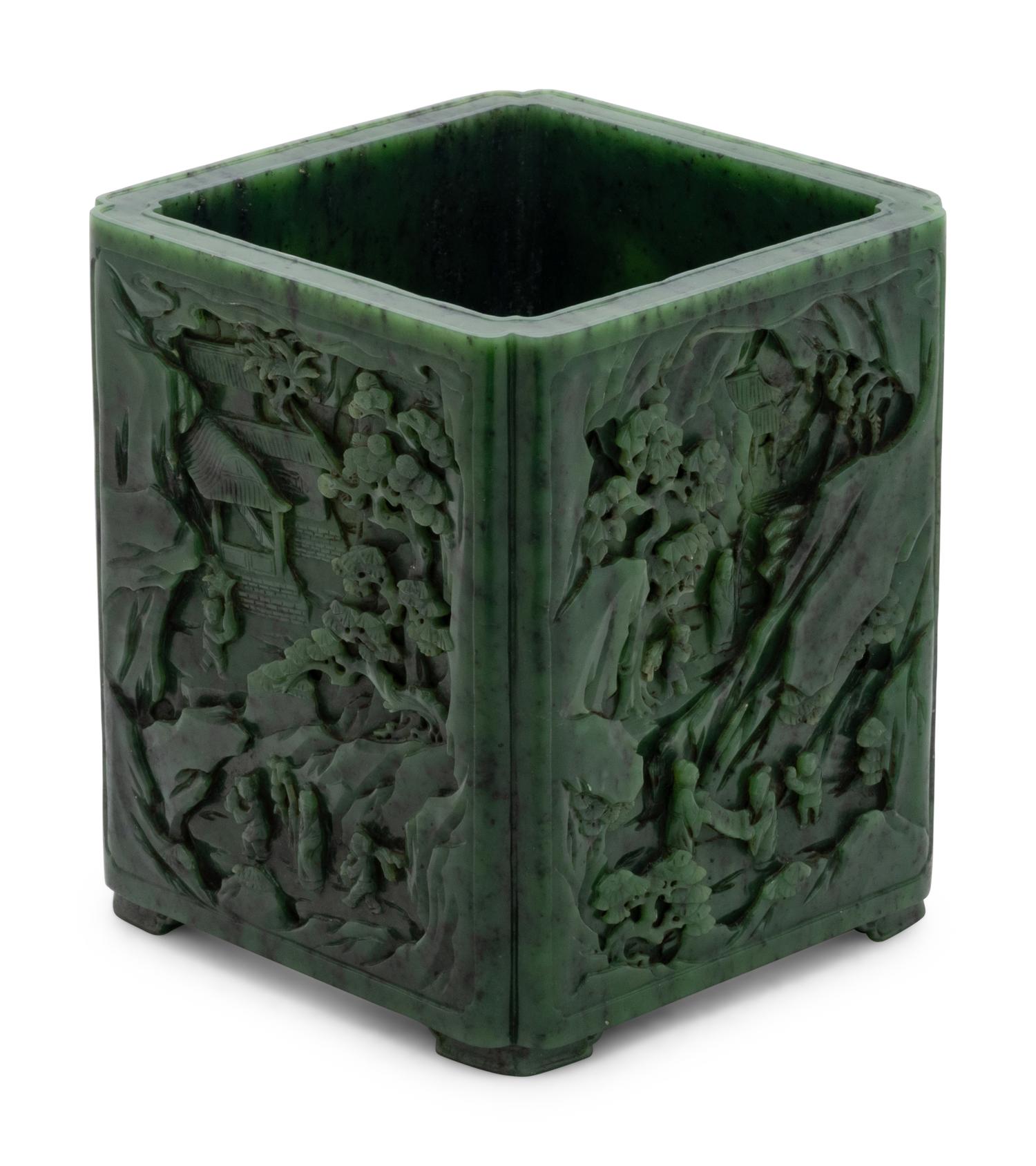 A Carved Spinach Jade 'Landscape' Square Brush Pot