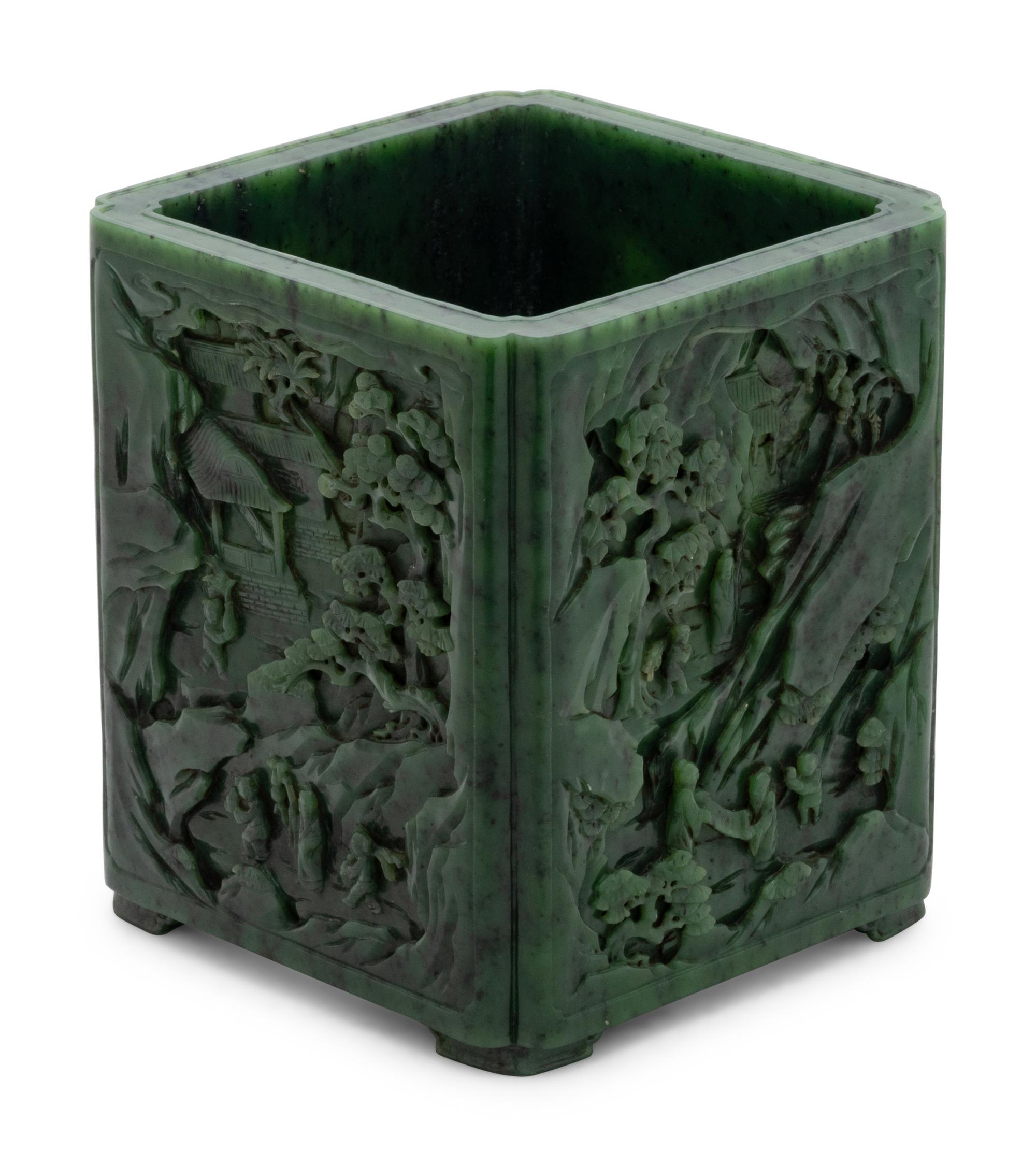 A Carved Spinach Jade 'Landscape' Square Brush Pot