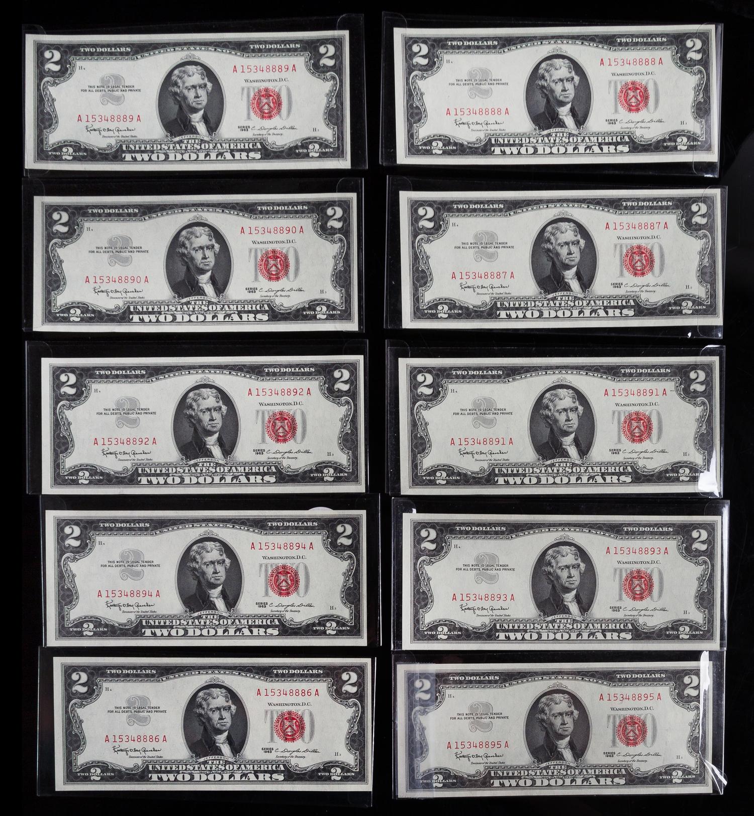 A Group of Ten Sequential United States 1963 $2 Legal Tender Notes