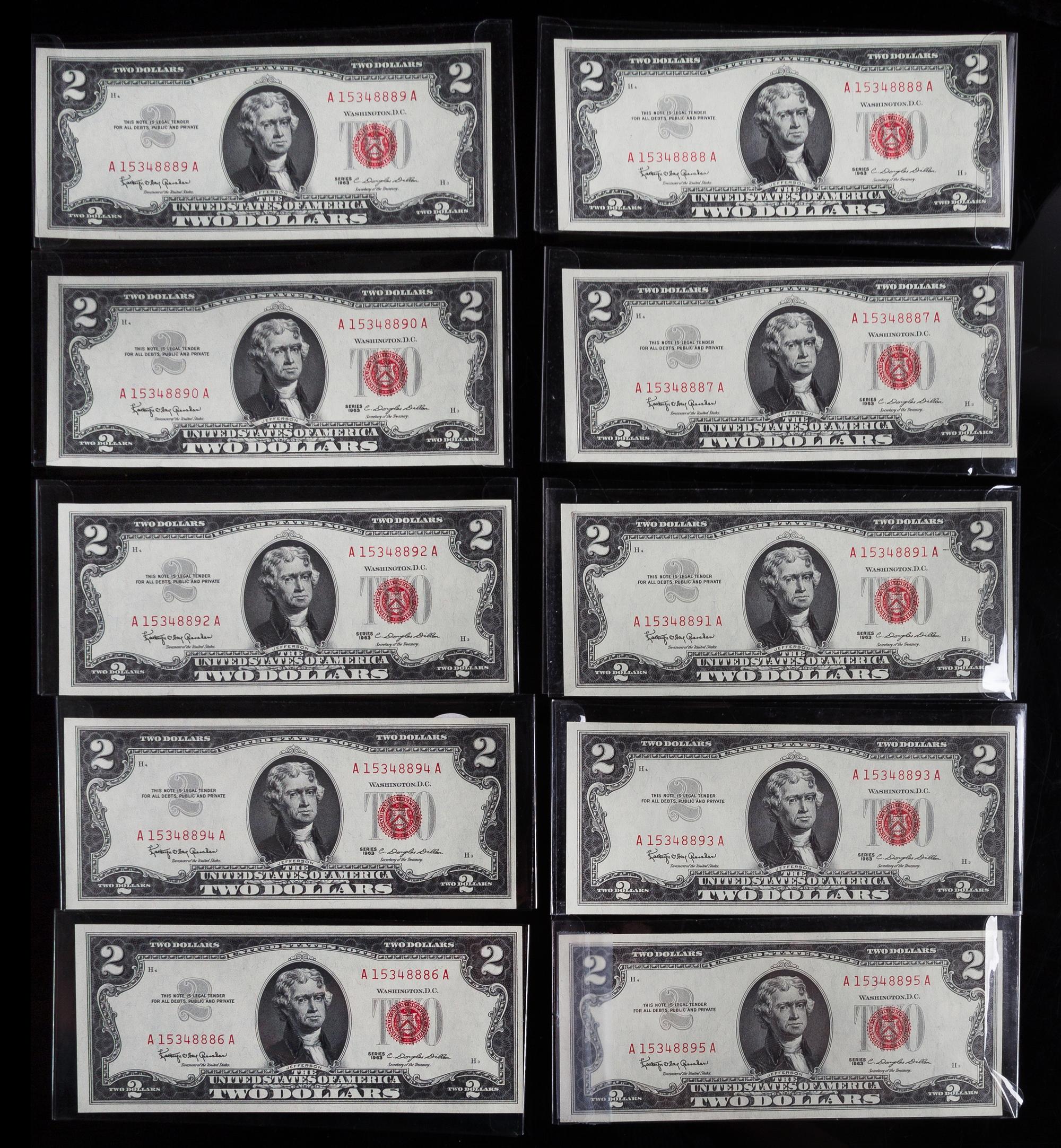 A Group of Ten Sequential United States 1963 $2 Legal Tender Notes