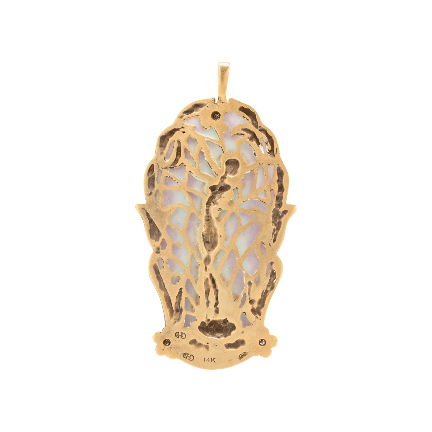 YELLOW GOLD, DIAMOND AND PLIQUE-A-JOUR PENDANT