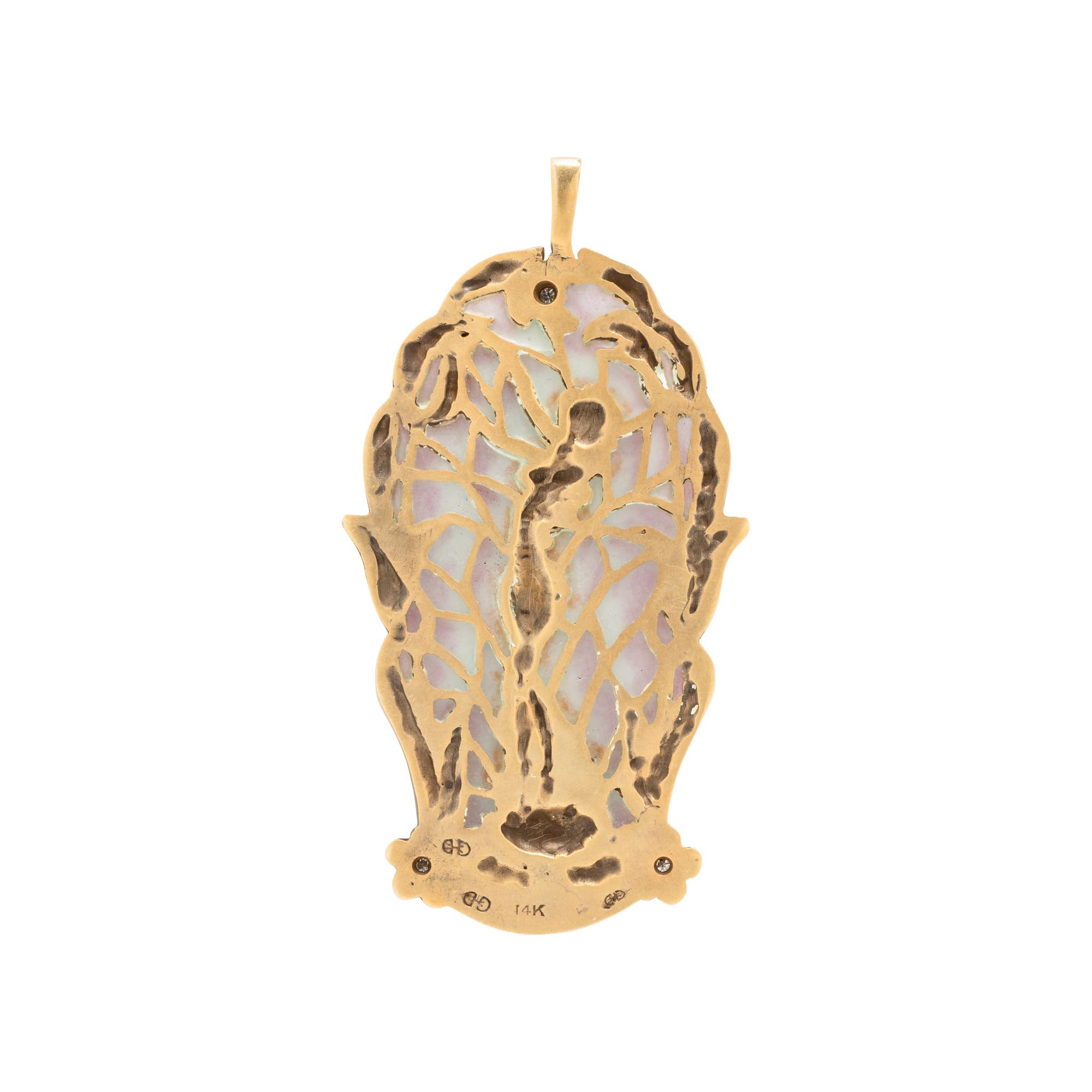 YELLOW GOLD, DIAMOND AND PLIQUE-A-JOUR PENDANT