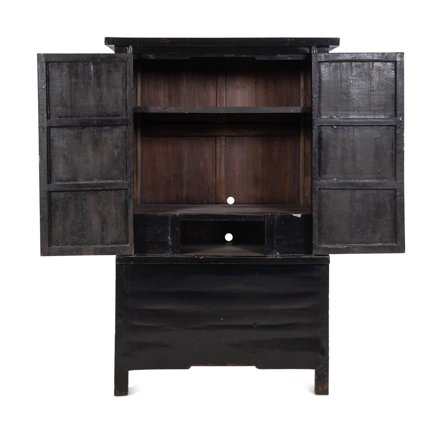 A Chinese Black Lacquered Elm Cabinet