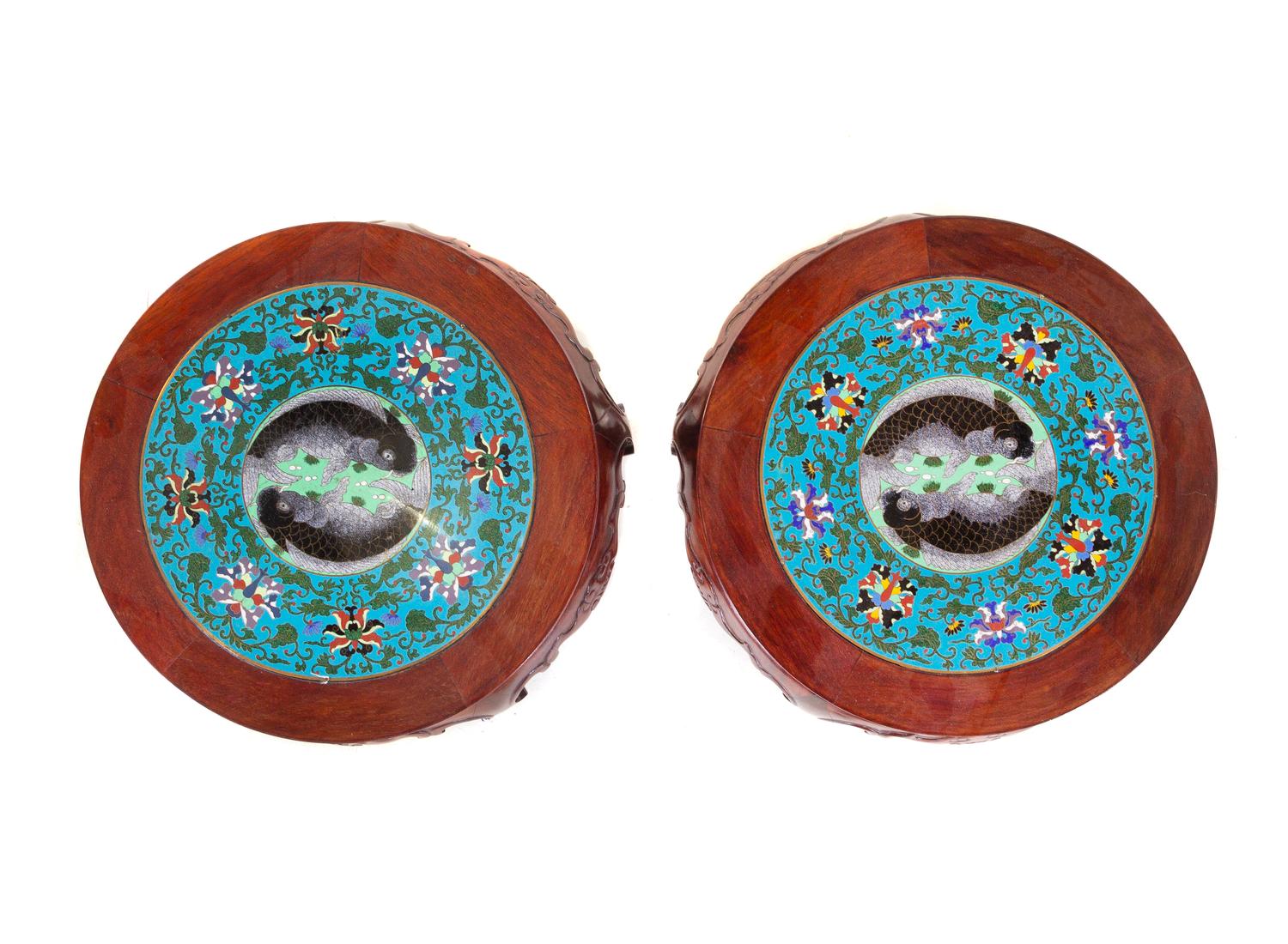 A Pair of Cloisonné Enamel Inset Hardwood Stools