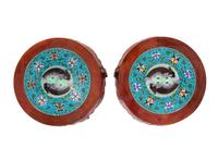 A Pair of Cloisonné Enamel Inset Hardwood Stools