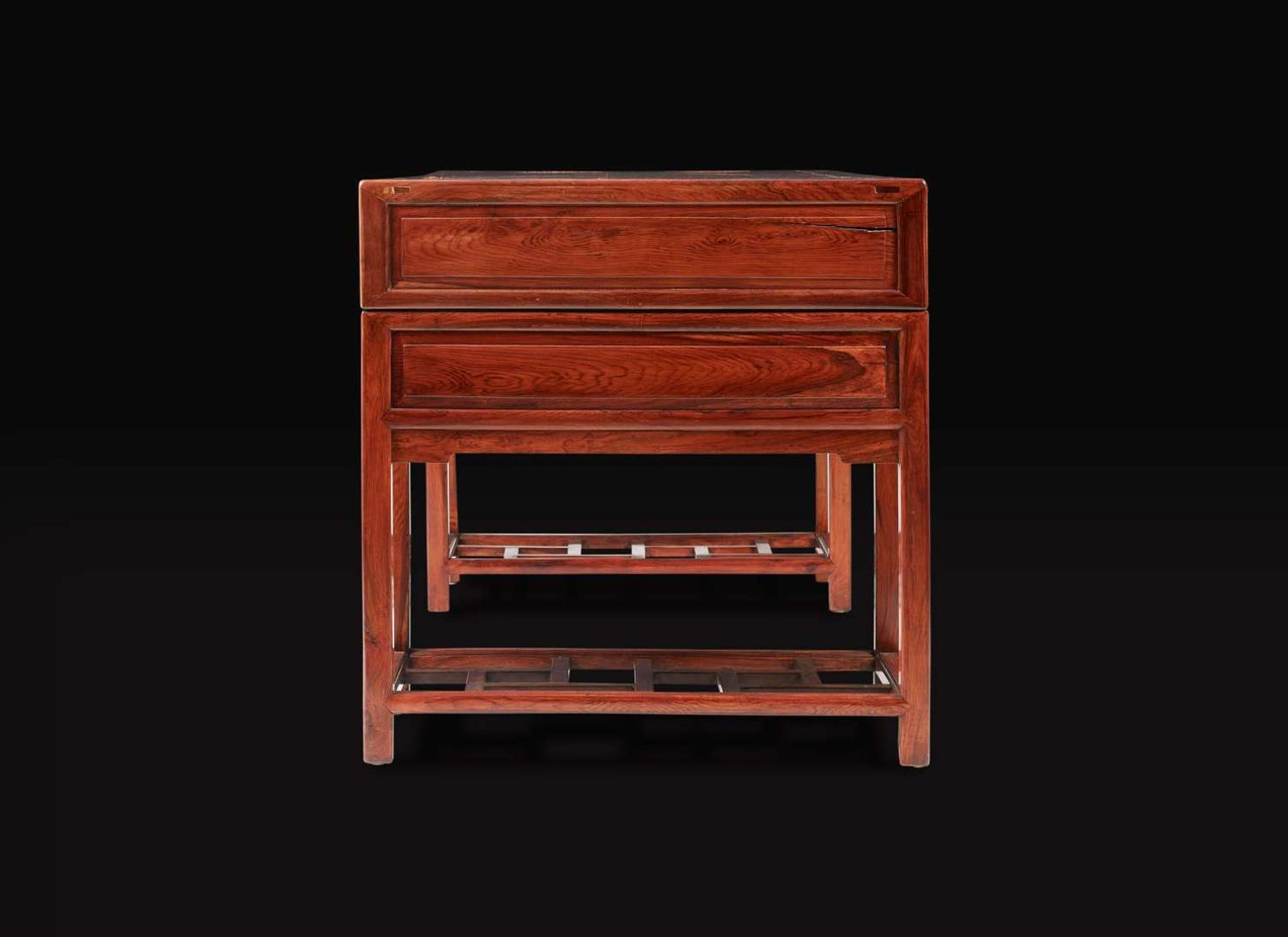 A huanghuali and mixed hardwoods double-pedestal desk 黃花梨及硬木桌一件