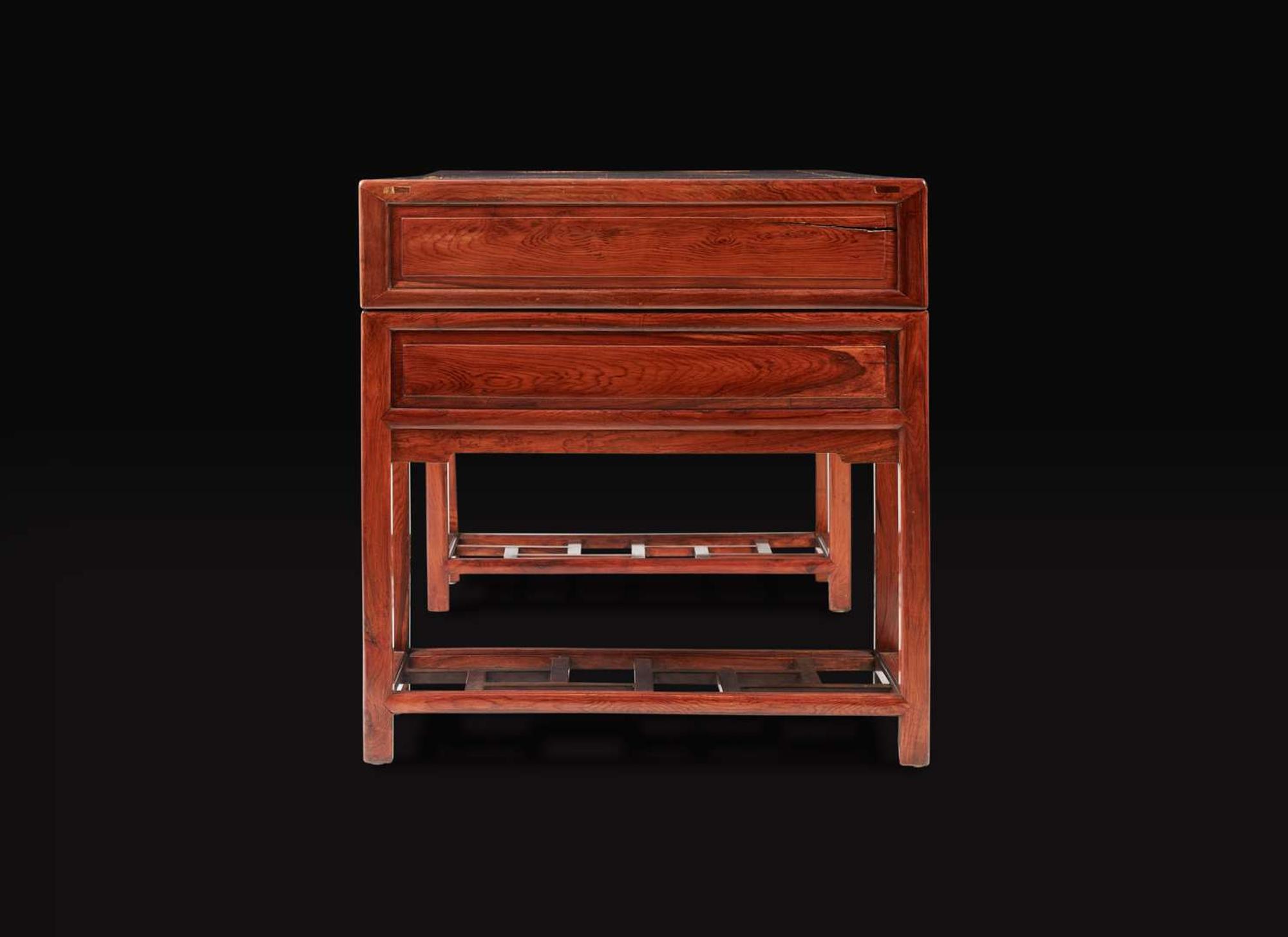 A huanghuali and mixed hardwoods double-pedestal desk 黃花梨及硬木桌一件