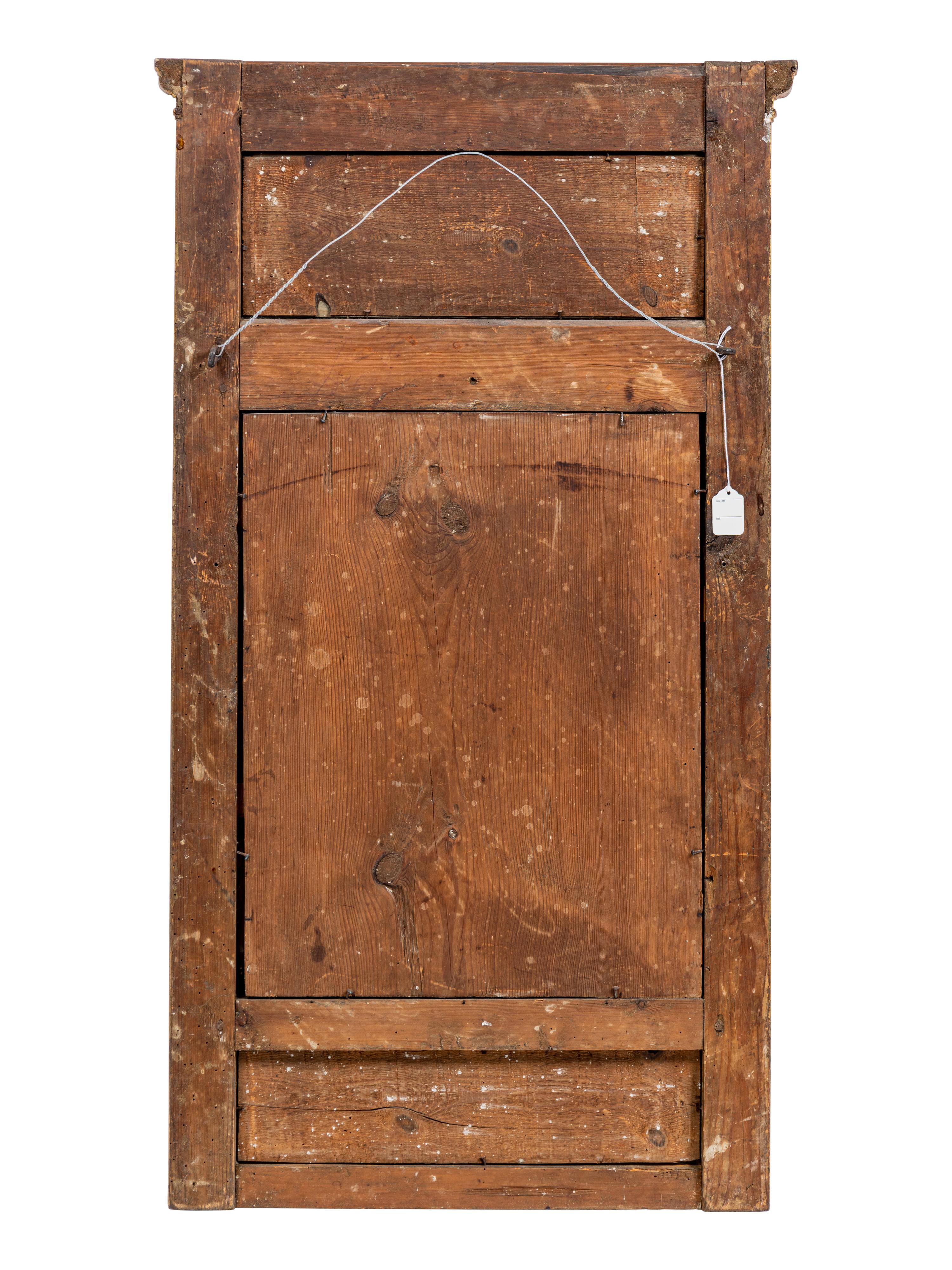 A North European Neoclassical Gouache Panel Inset Giltwood Mirror
