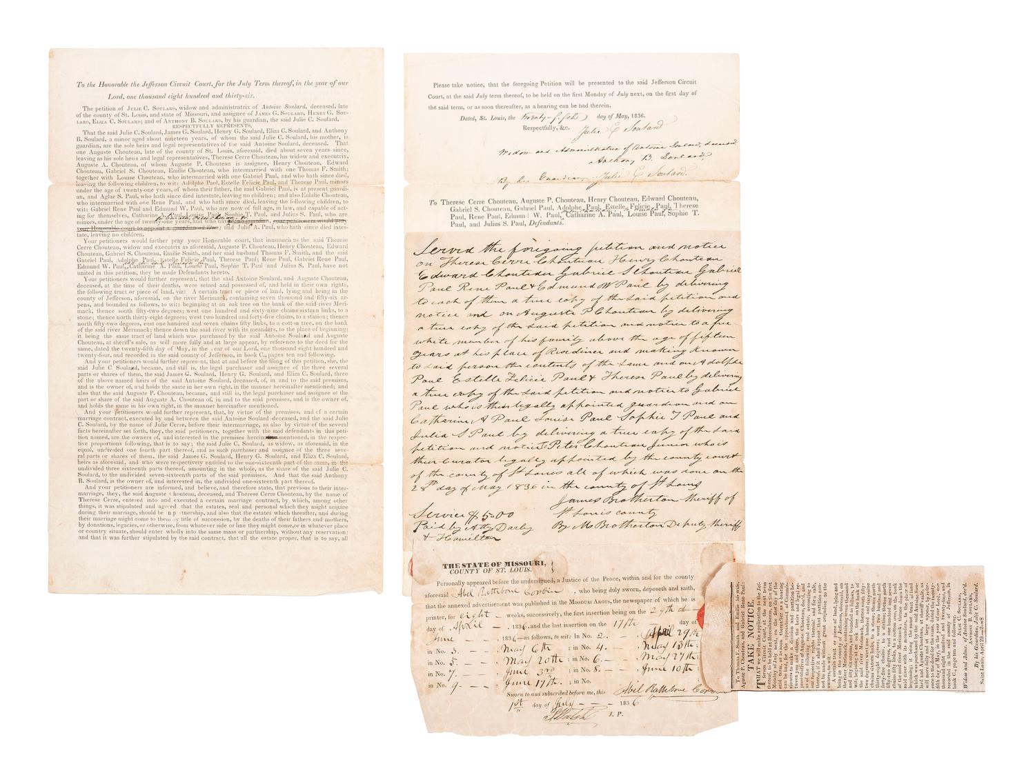 [WESTERN AMERICANA]. Manuscript survey of 6,000 acres near St. Louis owned by descendants of early Missouri settlers and brothers-in-law, Auguste Chouteau and Antoine Soulard, 1837.