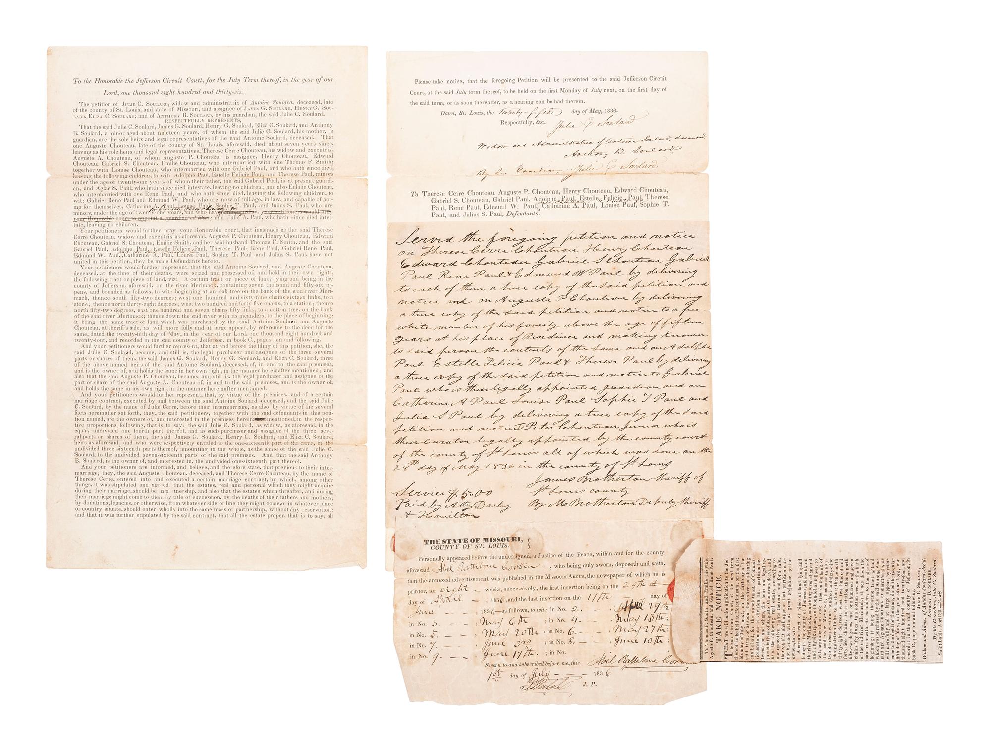 [WESTERN AMERICANA]. Manuscript survey of 6,000 acres near St. Louis owned by descendants of early Missouri settlers and brothers-in-law, Auguste Chouteau and Antoine Soulard, 1837.
