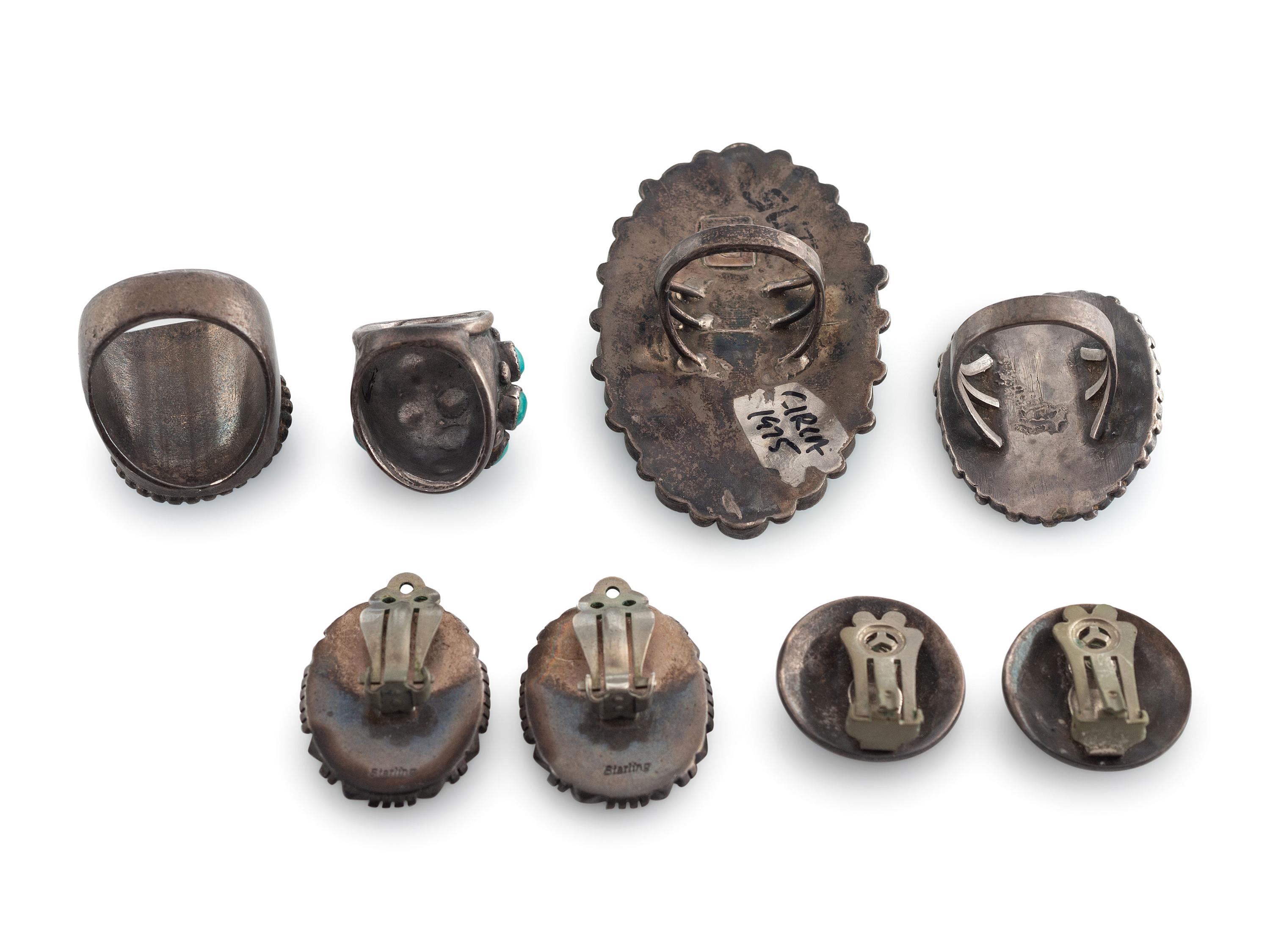 Group of Navajo and Zuni Silver and Turquoise Rings and Earrings
