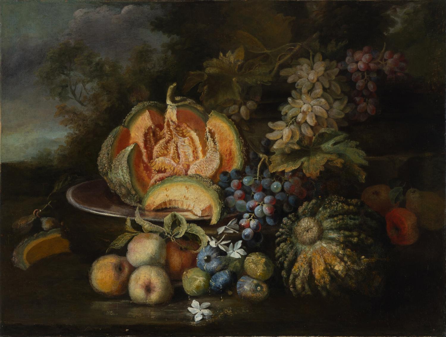 Manner of Maximilian Pfeiler (Czech, 1656–1746) — Still Life with Melon, Peaches, Grapes, and Figs