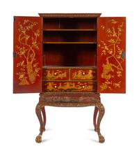 A Large Gilt Decorated Red Lacquered Cabinet on Stand