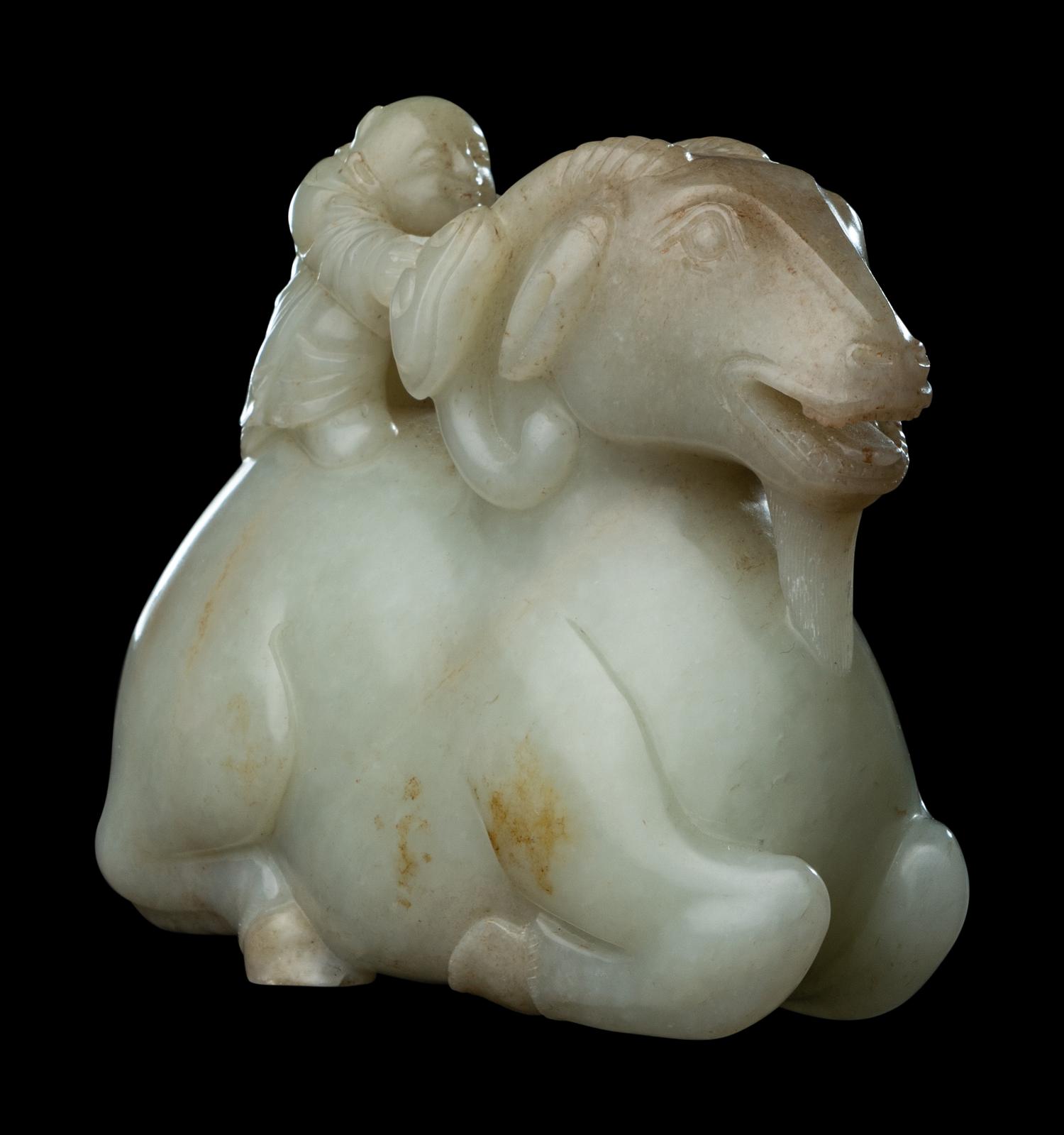 A Pale Celadon Jade 'Ram and Boy' Group
