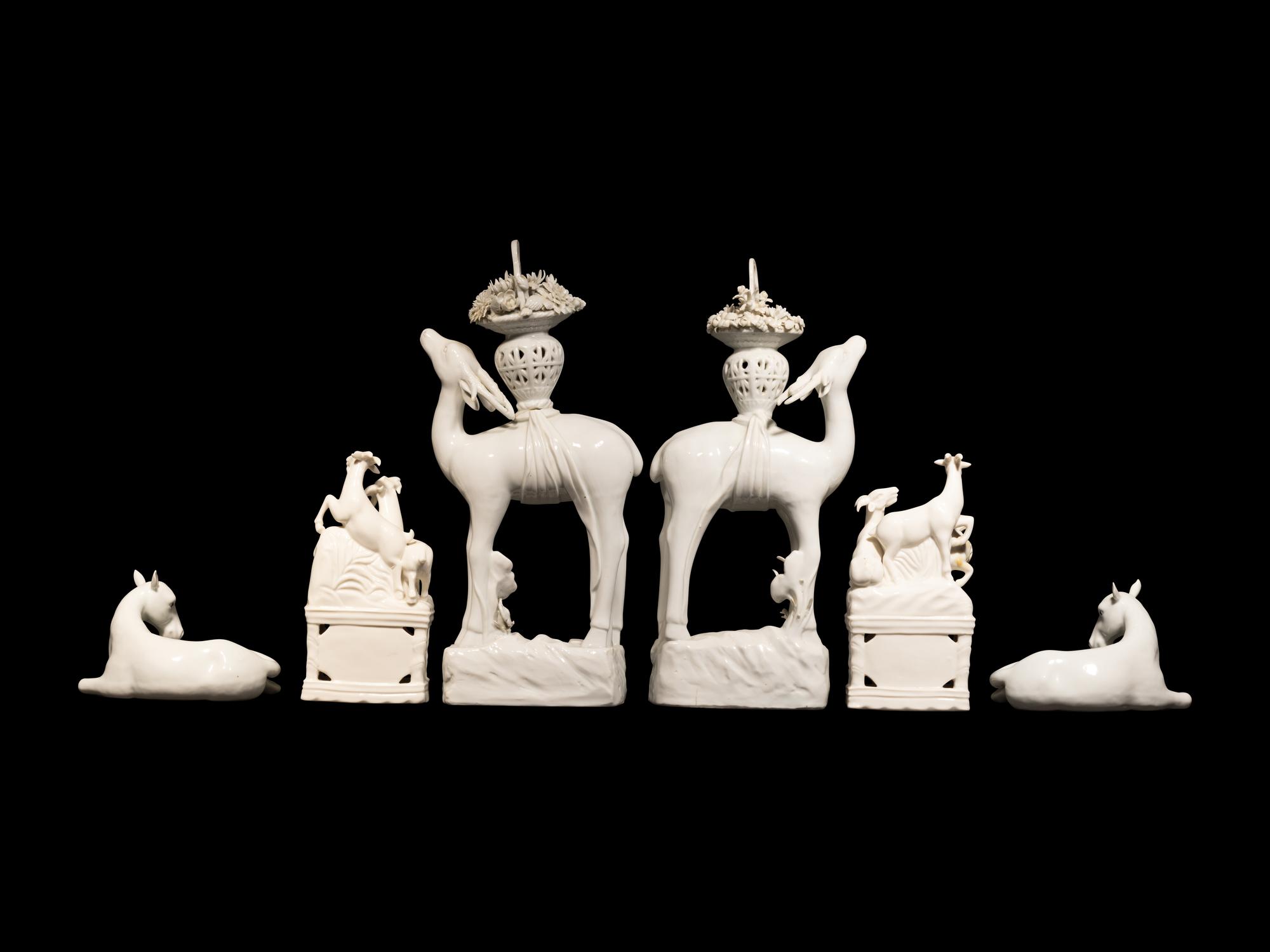 Three Pairs of Chinese Dehua Blanc-de-Chine Porcelain Figures of Animals
