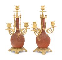 A Pair of Japanese Gilt Bronze Mounted Parcel Gilt Ceramic Four-Light Candelabra