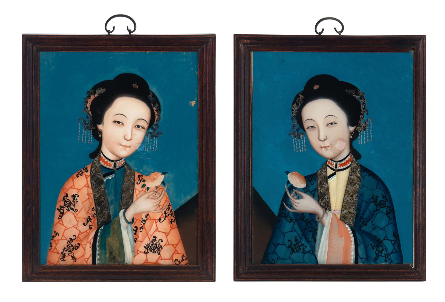 Two Chinese Reverse-Painted Glass Portraits