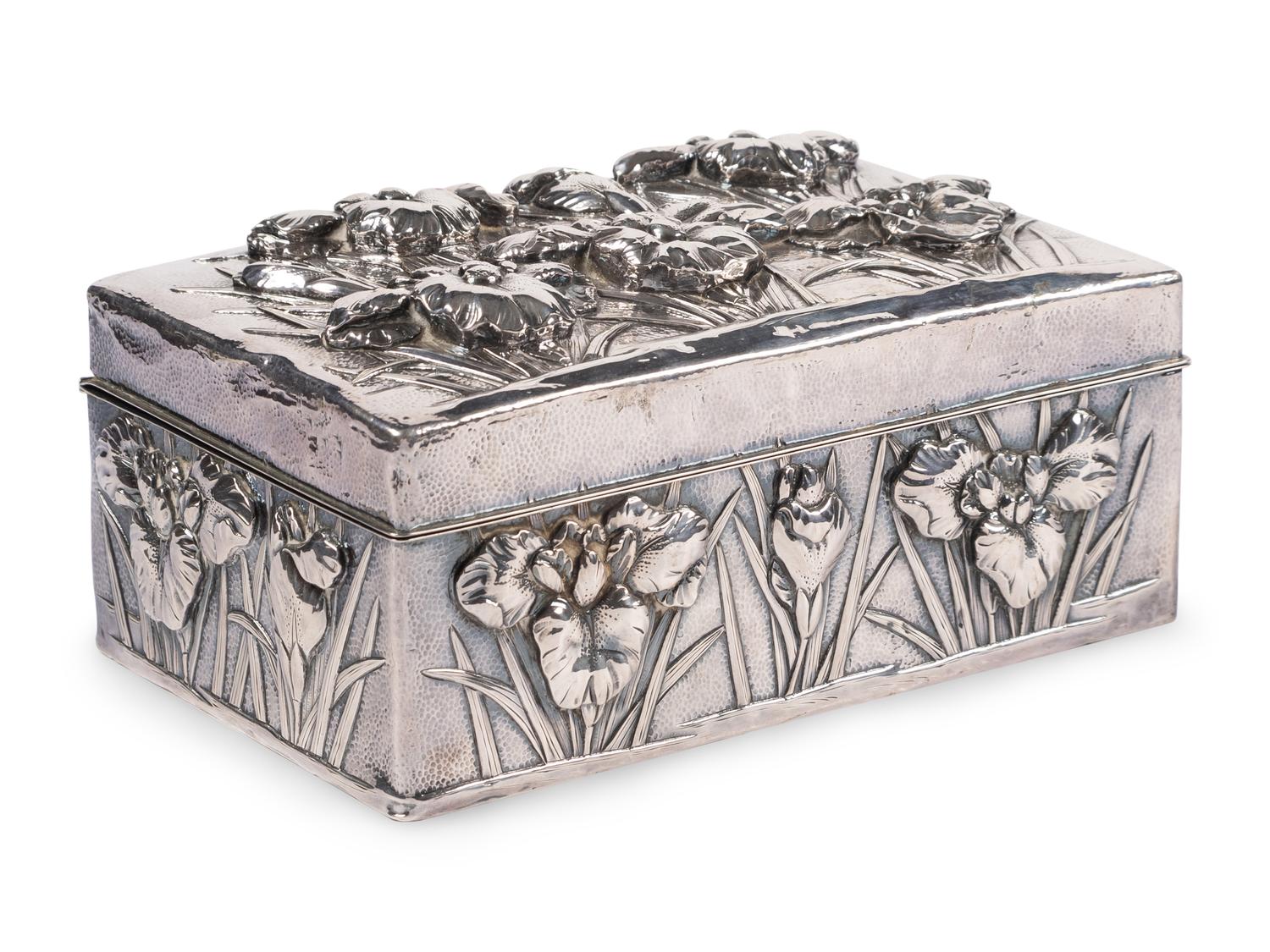 A Japanese Silver Table Box with Iris Flower Decoration
