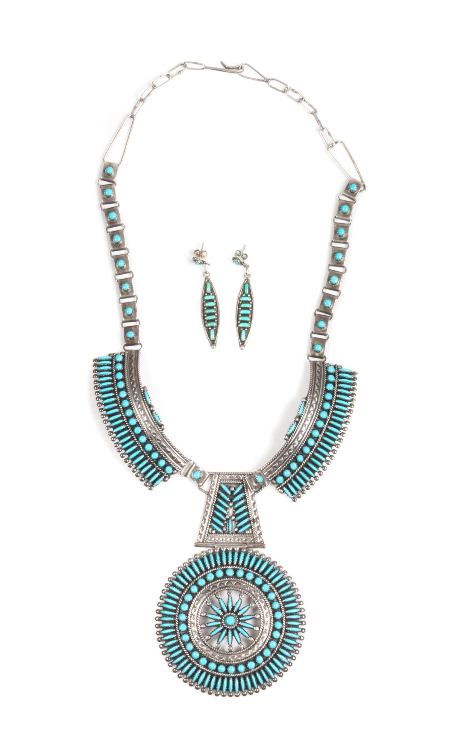 Francis M. Begay (Dine, 20th Century) Silver and Turquoise Needle Point Necklace Length of necklace 18 inches, height of pendant 4 1/8