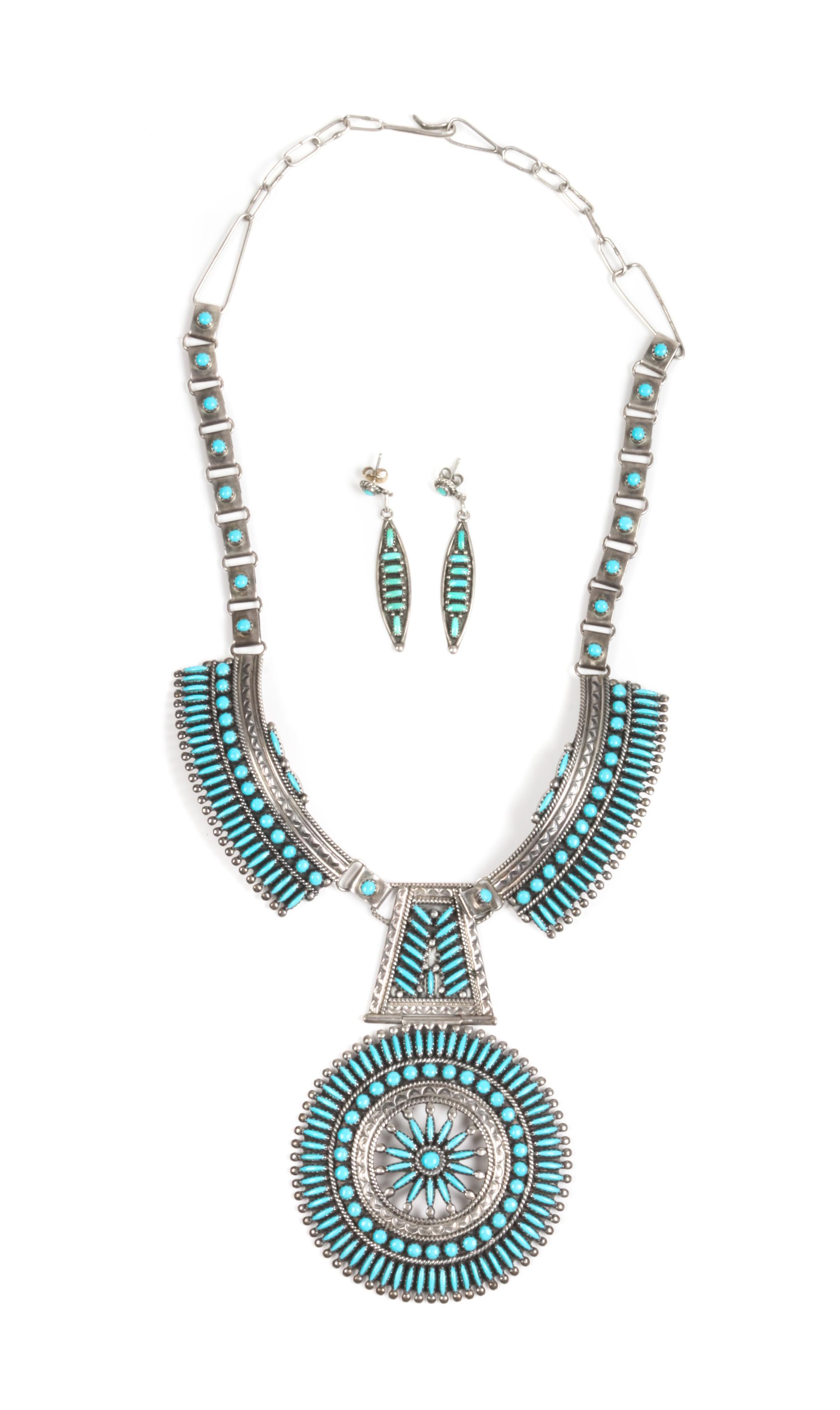 Francis M. Begay (Dine, 20th Century) Silver and Turquoise Needle Point Necklace Length of necklace 18 inches, height of pendant 4 1/8