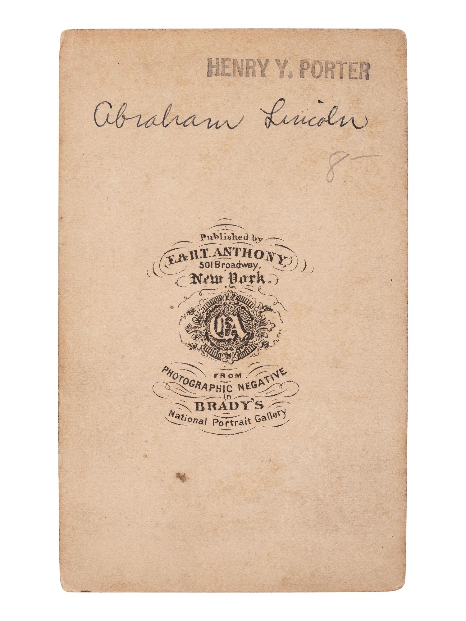 [LINCOLNIANA]. BRADY, photog. CDV portrait of Abraham Lincoln. New York: E. & H.T. Anthony, [1864].