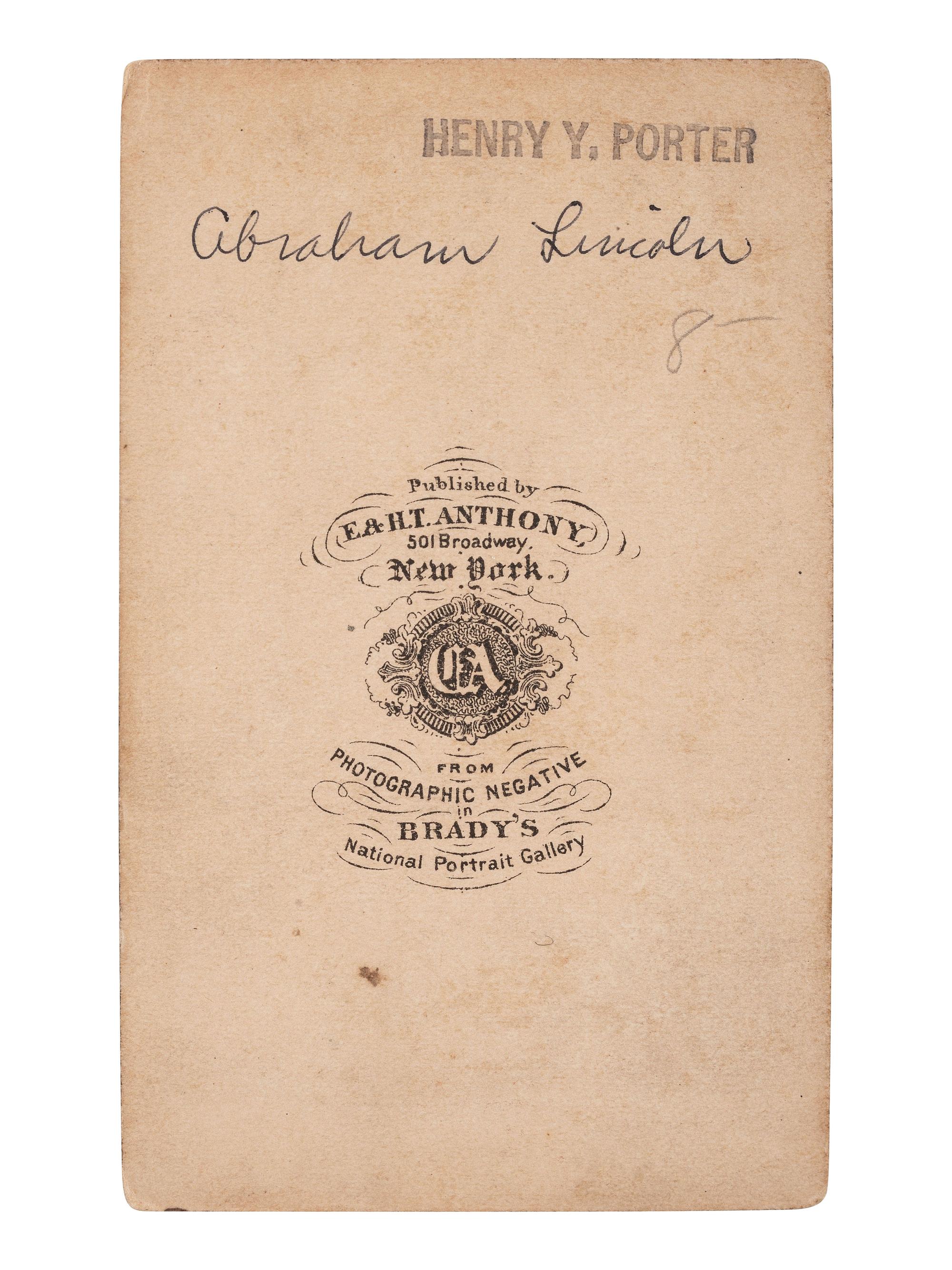 [LINCOLNIANA]. BRADY, photog. CDV portrait of Abraham Lincoln. New York: E. & H.T. Anthony, [1864].