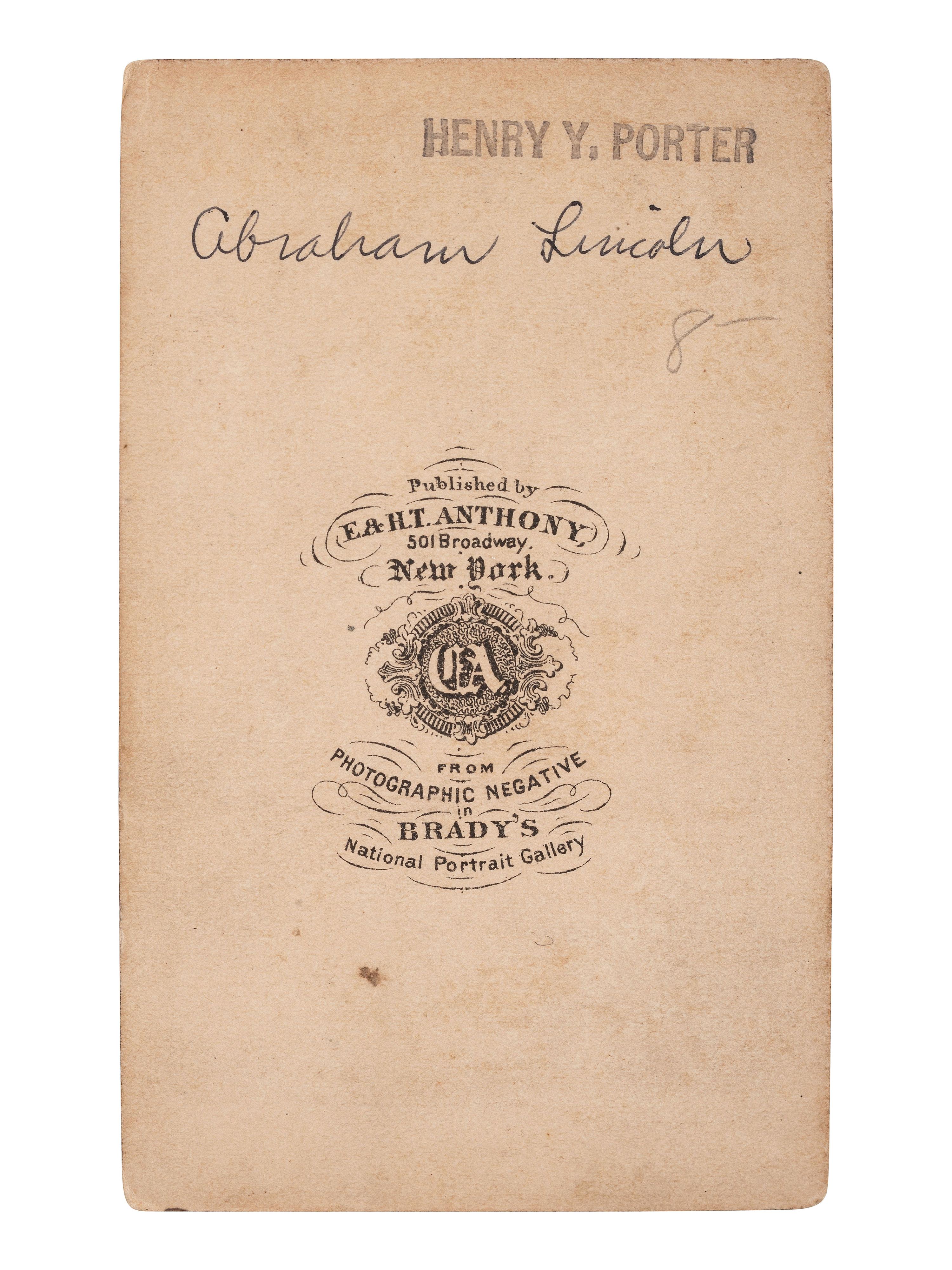 [LINCOLNIANA]. BRADY, photog. CDV portrait of Abraham Lincoln. New York: E. & H.T. Anthony, [1864].