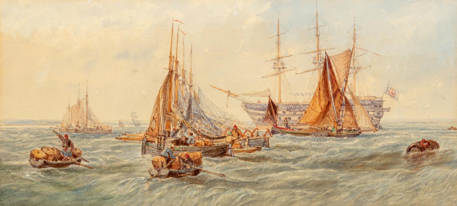 Harbor Scene with Warship and Dinghies