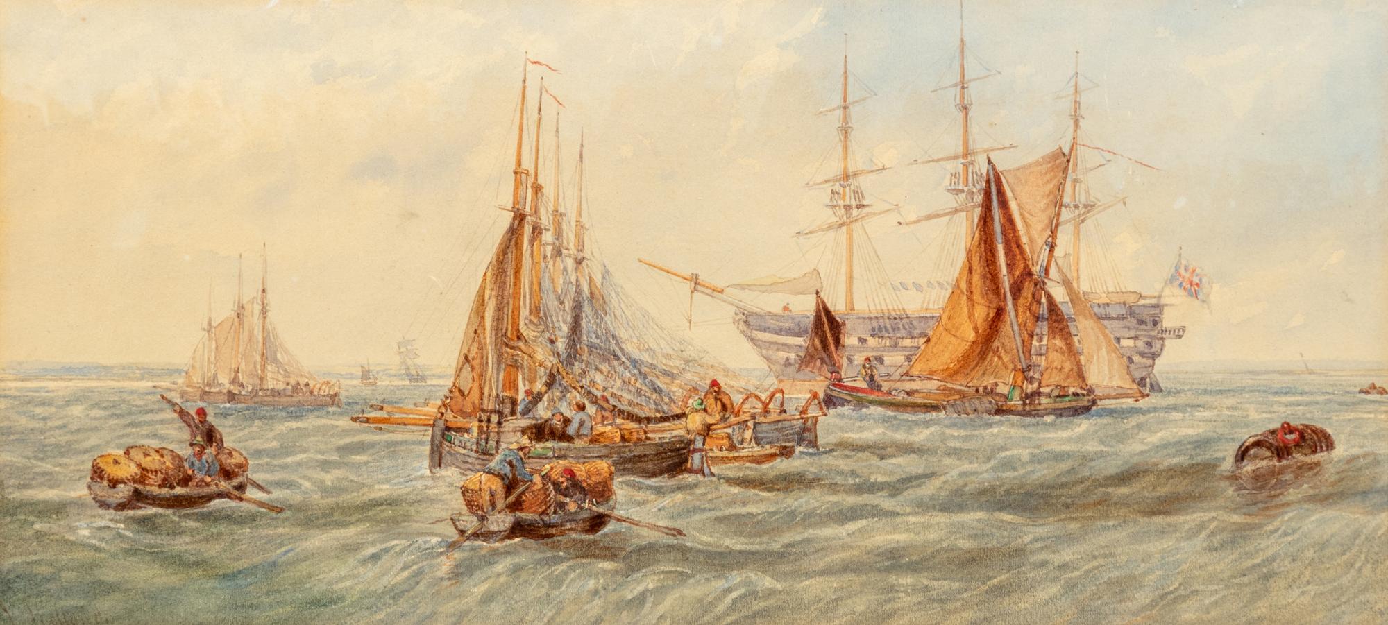 Harbor Scene with Warship and Dinghies